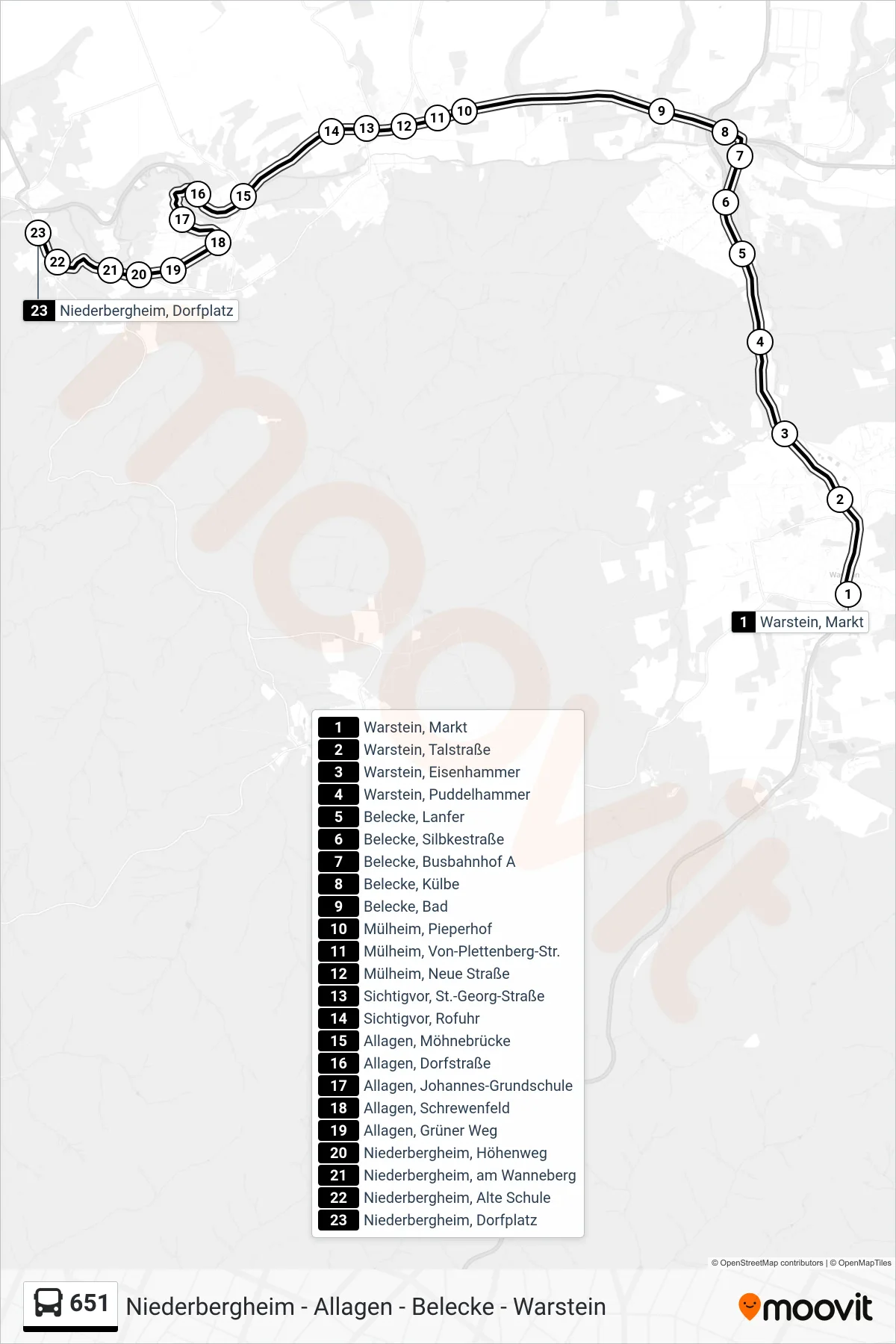 651 bus Line (Niederbergheim, Dorfplatz) route and stops on a map