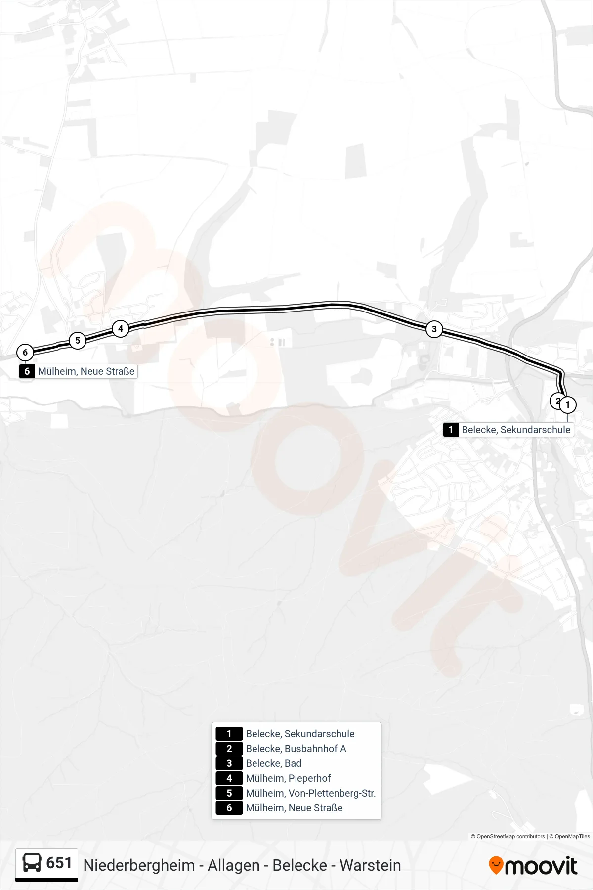 651 bus Line (Mülheim, Neue Straße) route and stops on a map
