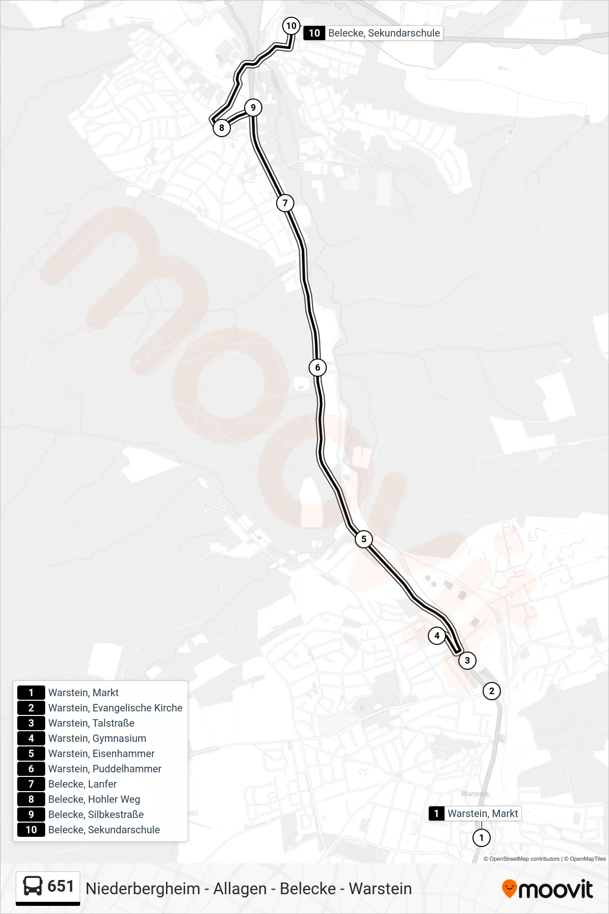 651 bus Line (Belecke, Sekundarschule) route and stops on a map