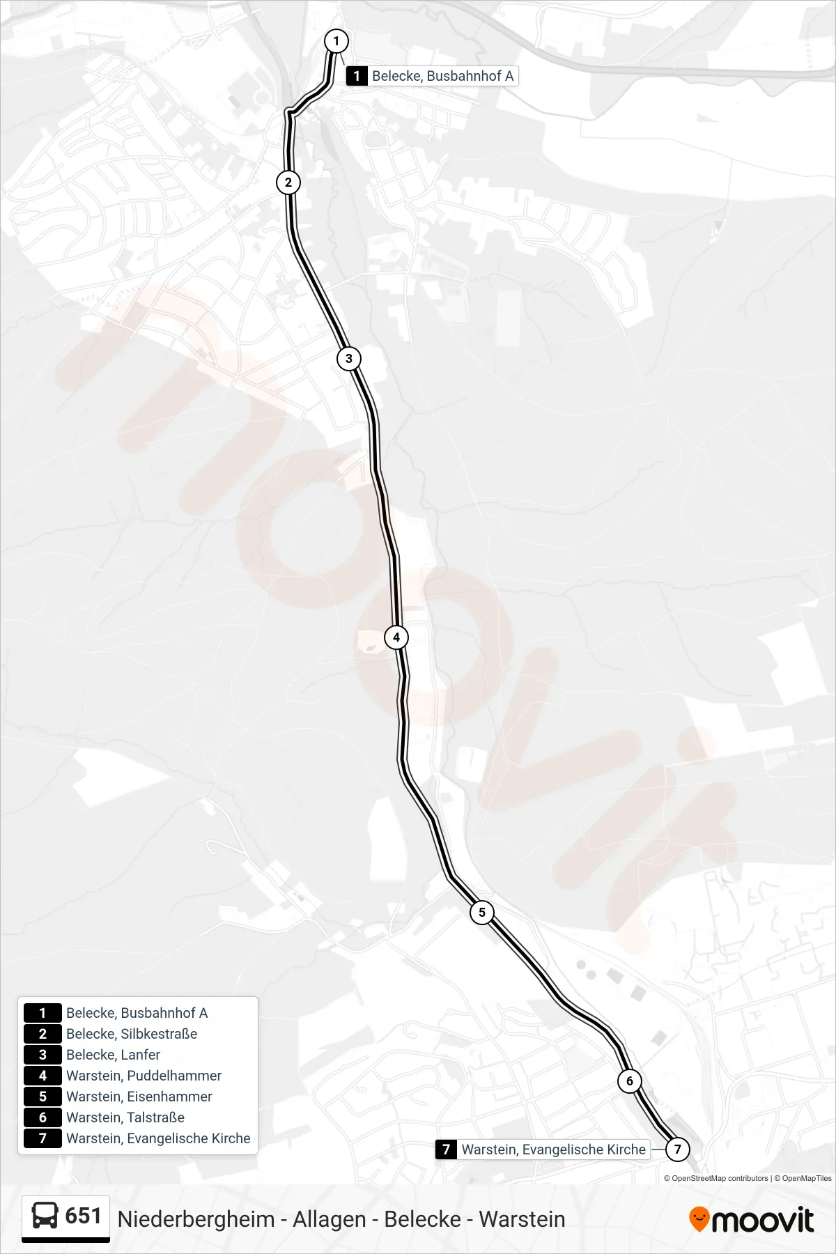 651 bus Line (Warstein, Evangelische Kirche) route and stops on a map
