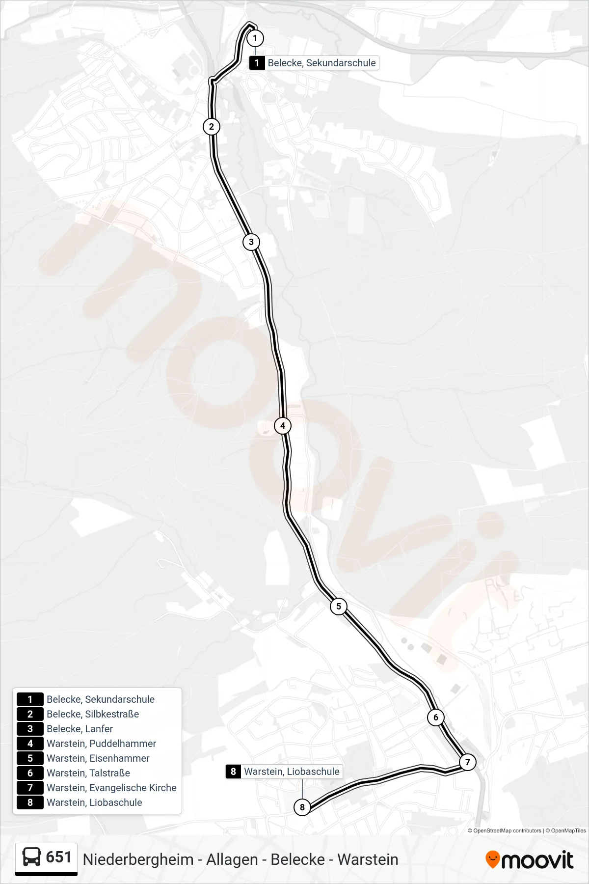 651 bus Line (Warstein, Liobaschule) route and stops on a map