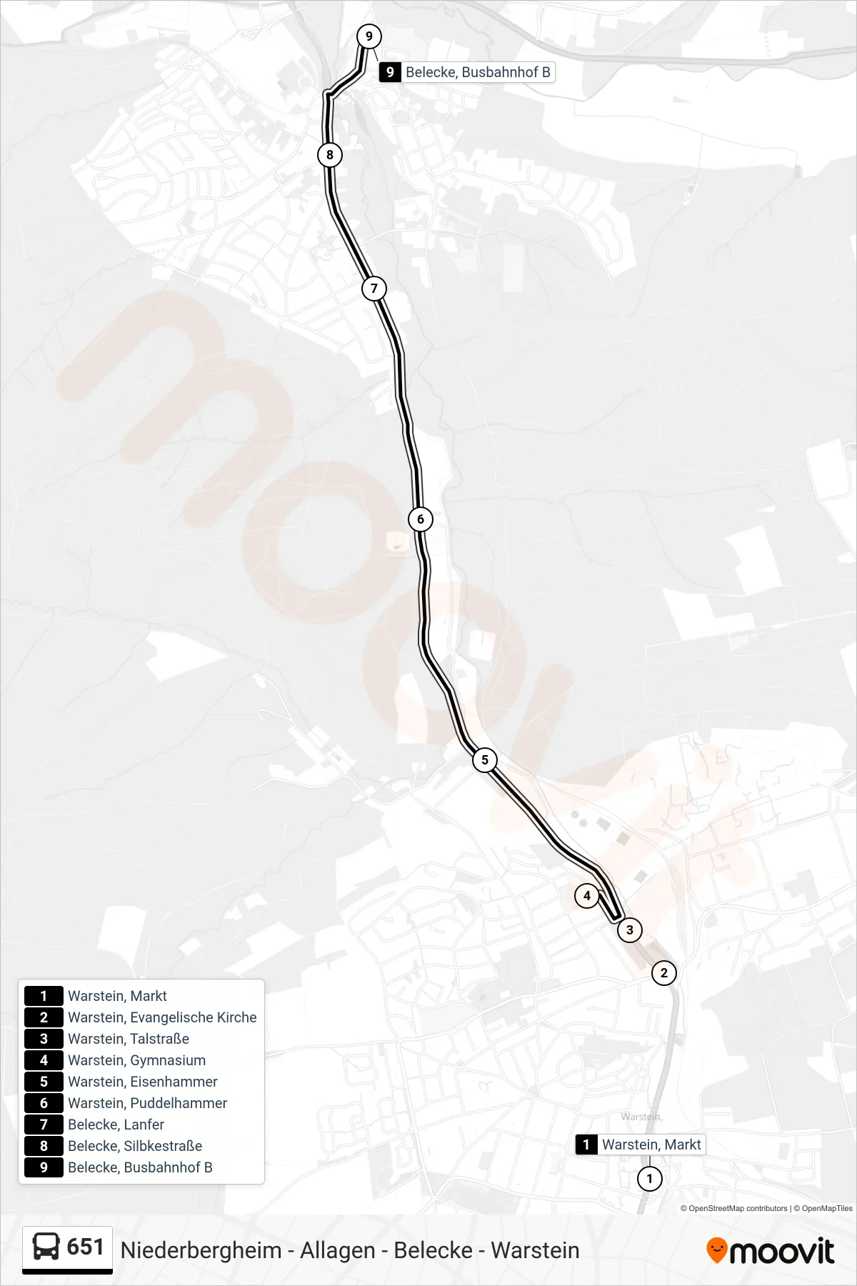 651 bus Line (Belecke, Busbahnhof B) route and stops on a map