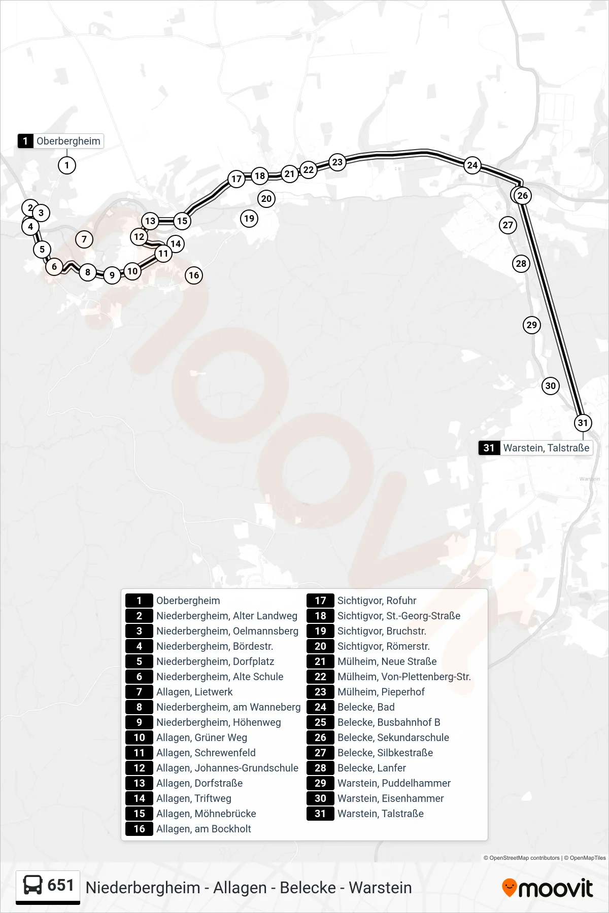 651 bus Line (Warstein, Talstraße) route and stops on a map
