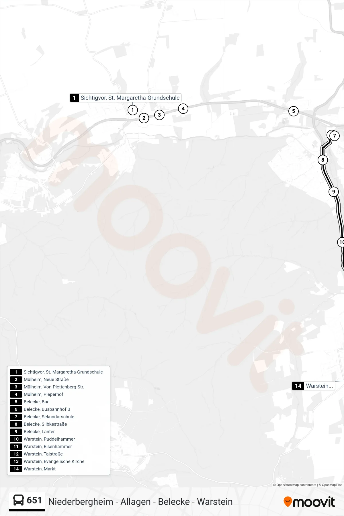 651 bus Line (Warstein, Markt) route and stops on a map