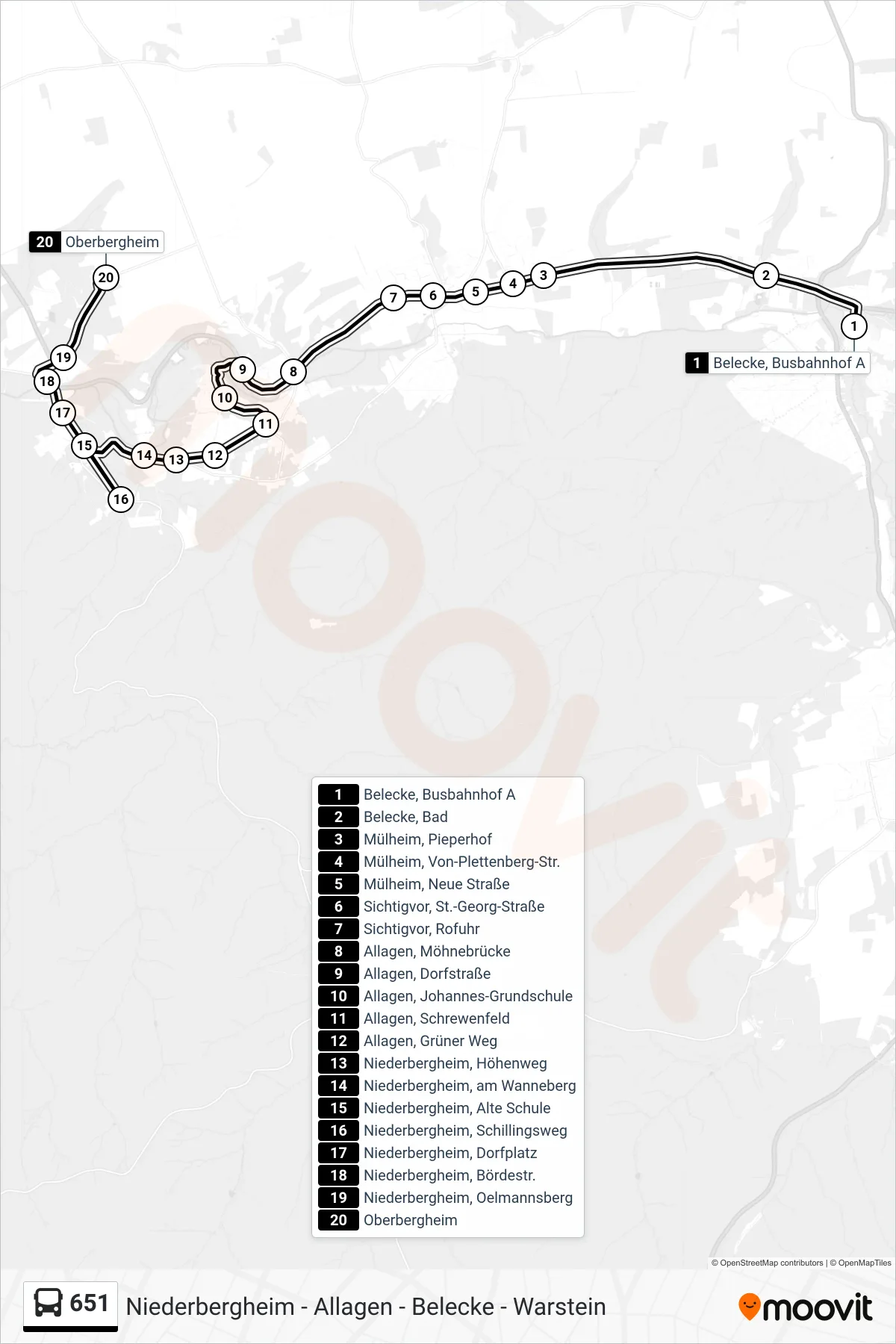 651 bus Line (Oberbergheim) route and stops on a map