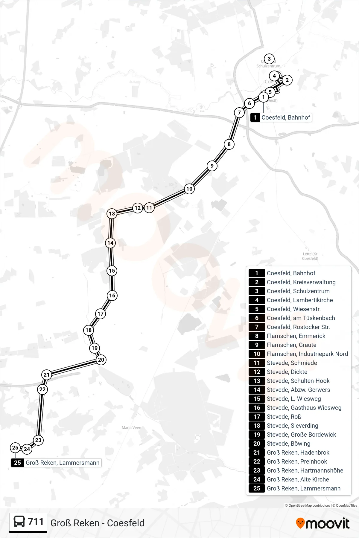 711 bus Line (Groß Reken, Lammersmann) route and stops on a map