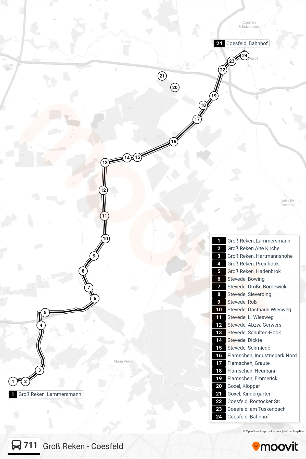Linie 711 (Bus) Richtung Coesfeld, Bahnhof Bussteig D: Route und Haltestellen auf der Karte