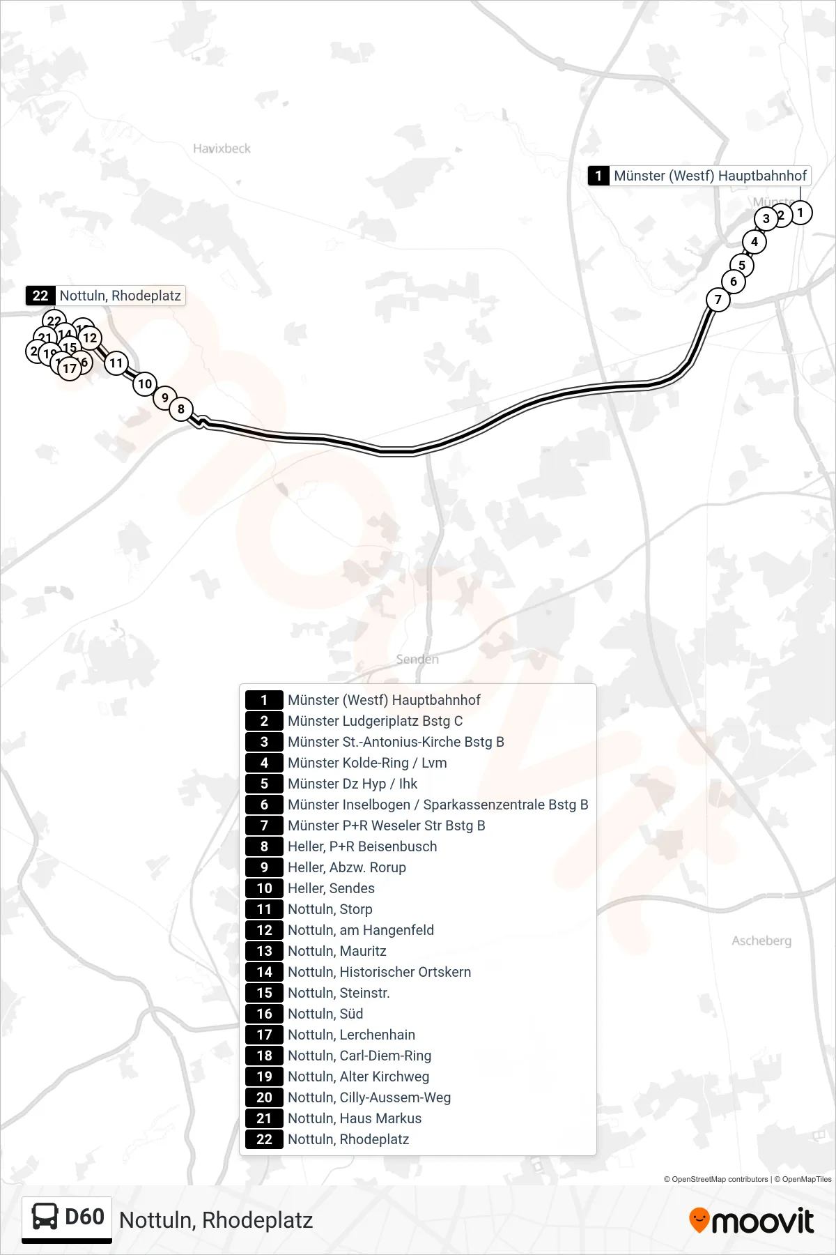 D60 bus Line (Nottuln, Rhodeplatz) route and stops on a map