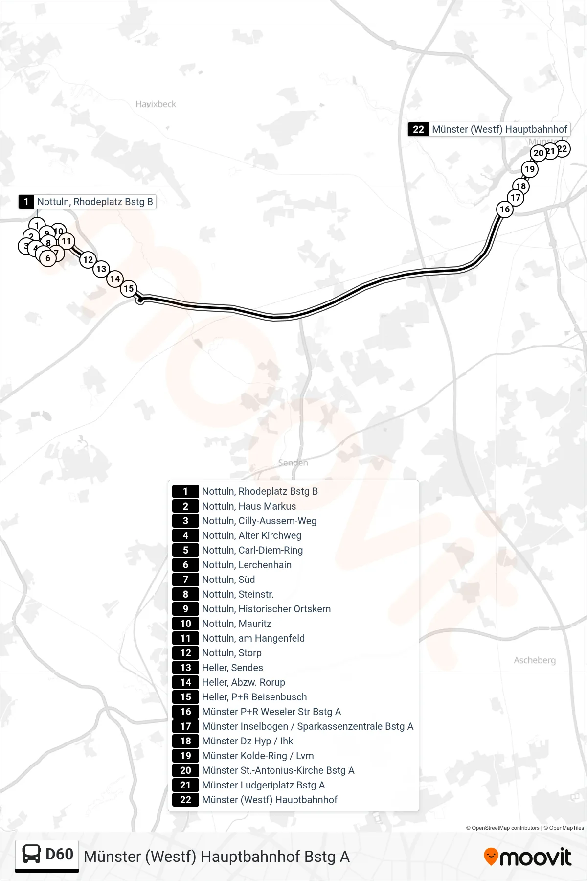 Linie D60 (Bus) Richtung Münster (Westf) Hauptbahnhof Bstg A: Route und Haltestellen auf der Karte