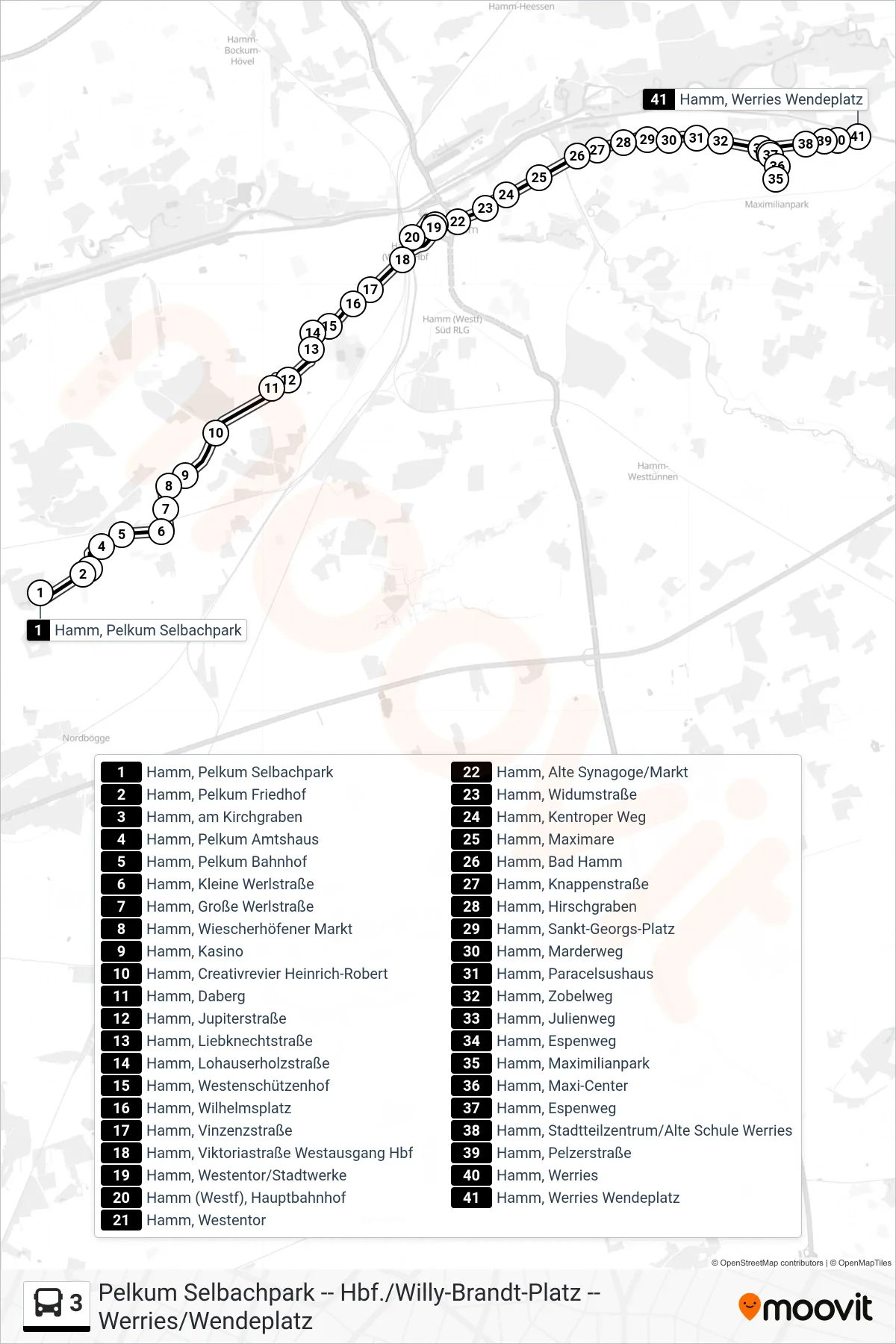 Linie 3 (Bus) Richtung Hamm, Werries Wendeplatz: Route und Haltestellen auf der Karte