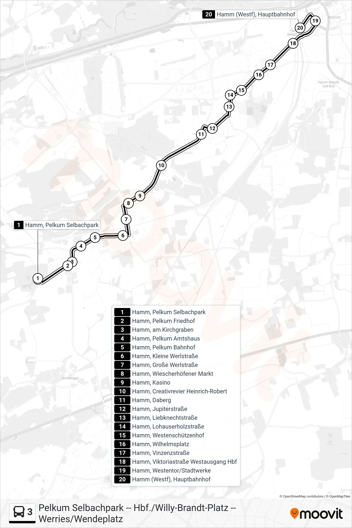 Linie 3 (Bus) Richtung Hamm (Westf), Hauptbahnhof Bstg 1+2: Route und Haltestellen auf der Karte