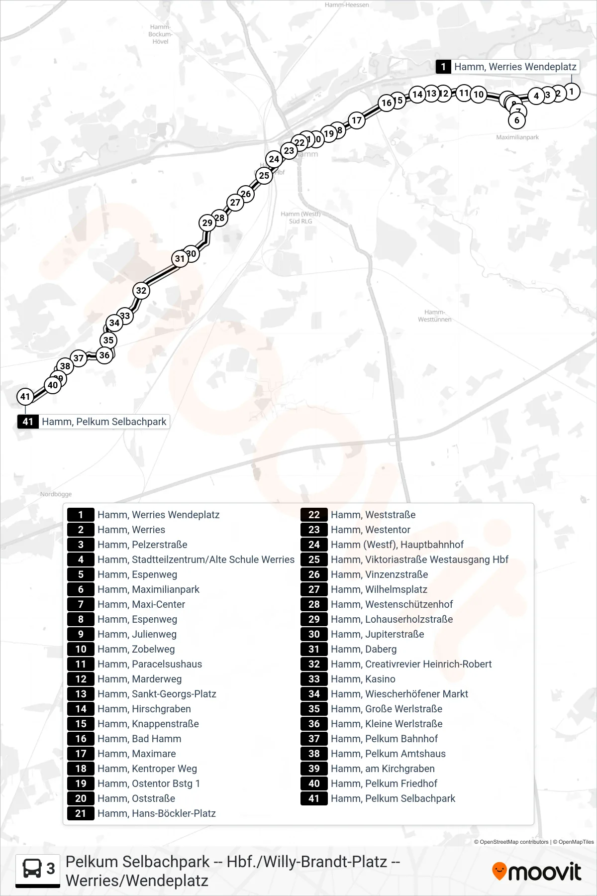 3 bus Line (Hamm, Pelkum Selbachpark) route and stops on a map