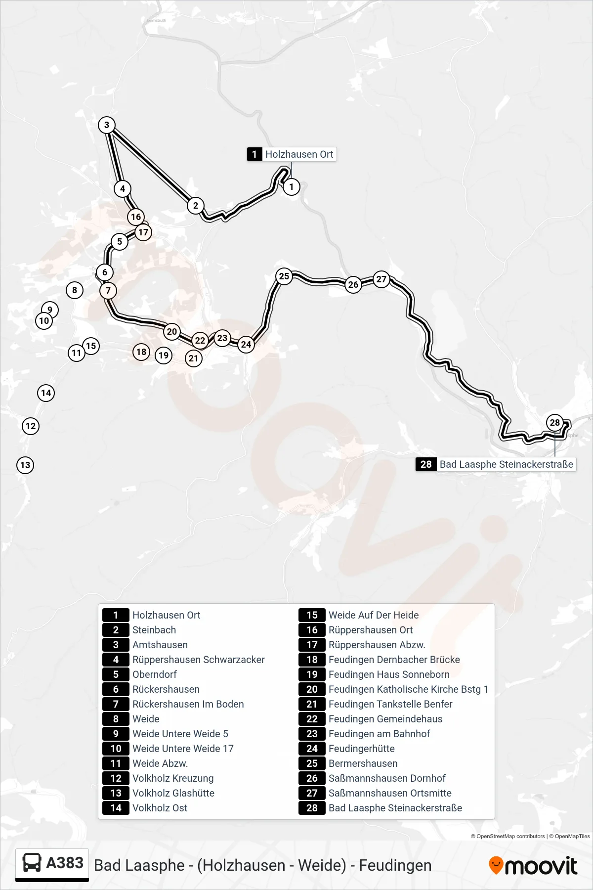 A383 bus Line (Bad Laasphe Steinackerstraße) route and stops on a map