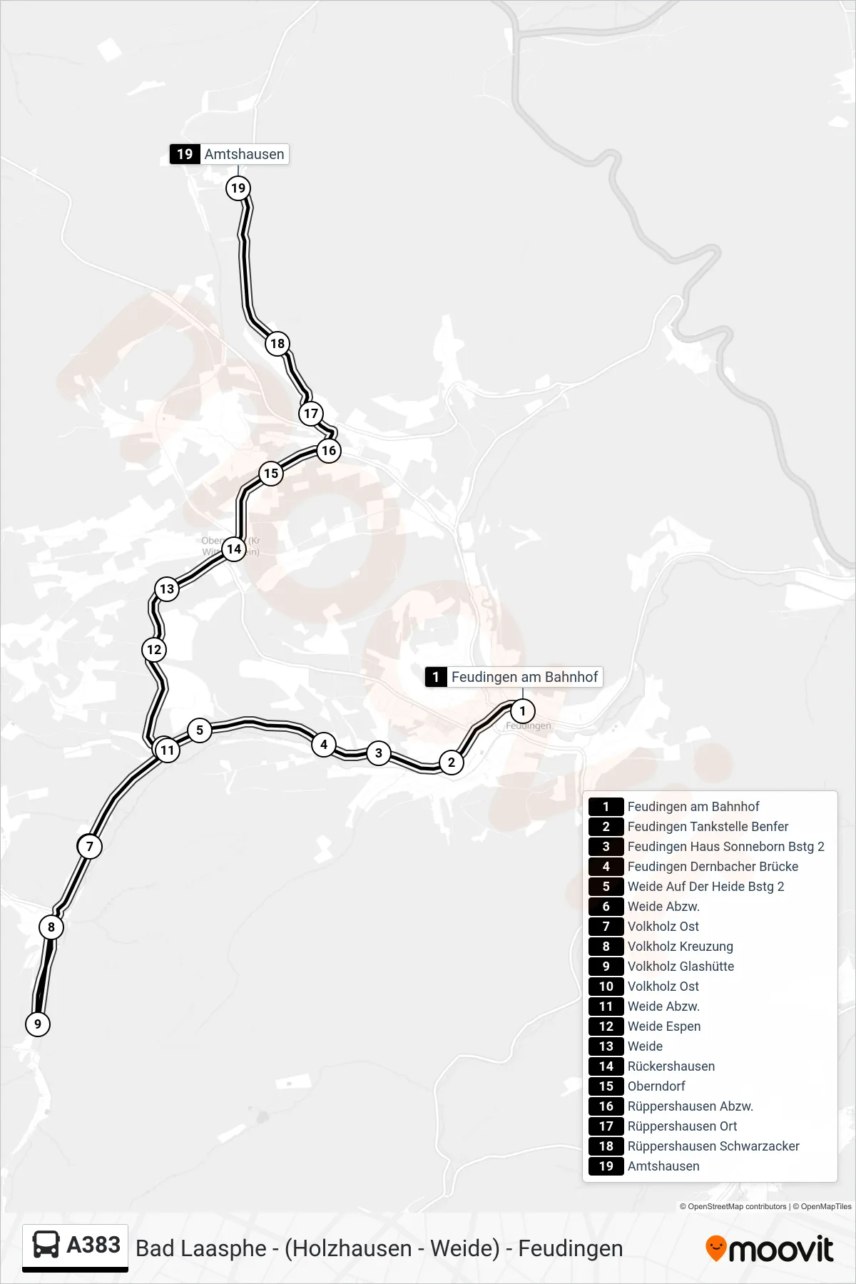 A383 bus Line (Amtshausen) route and stops on a map
