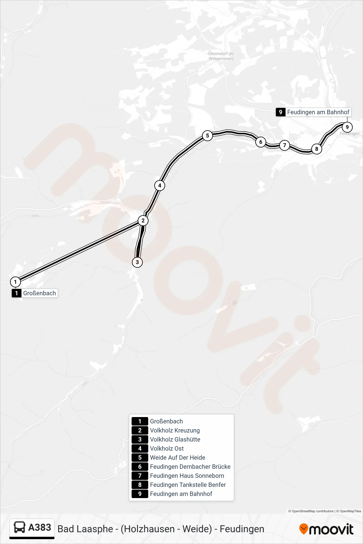 A383 bus Line (Feudingen am Bahnhof) route and stops on a map