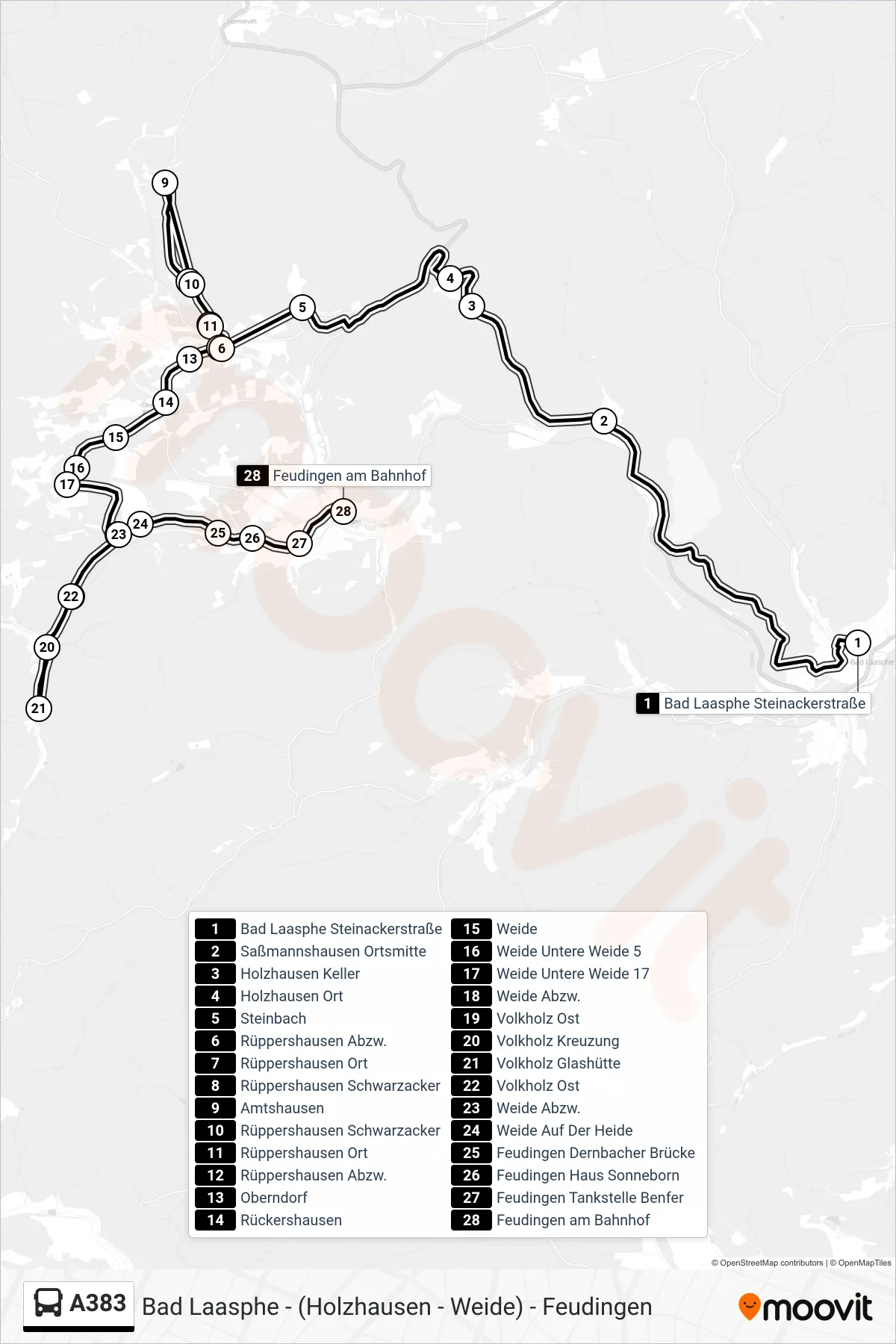 A383 bus Line (Feudingen am Bahnhof) route and stops on a map