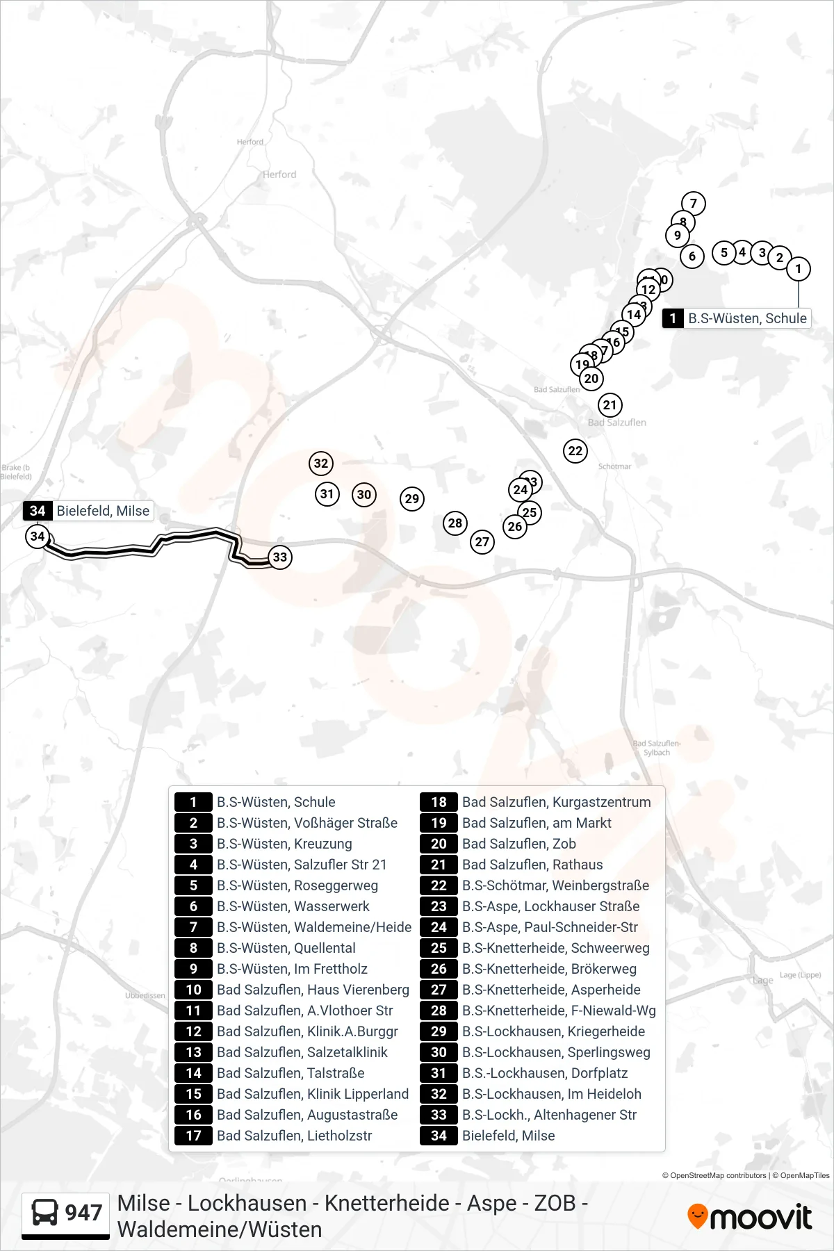 947 bus Line (Milse) route and stops on a map