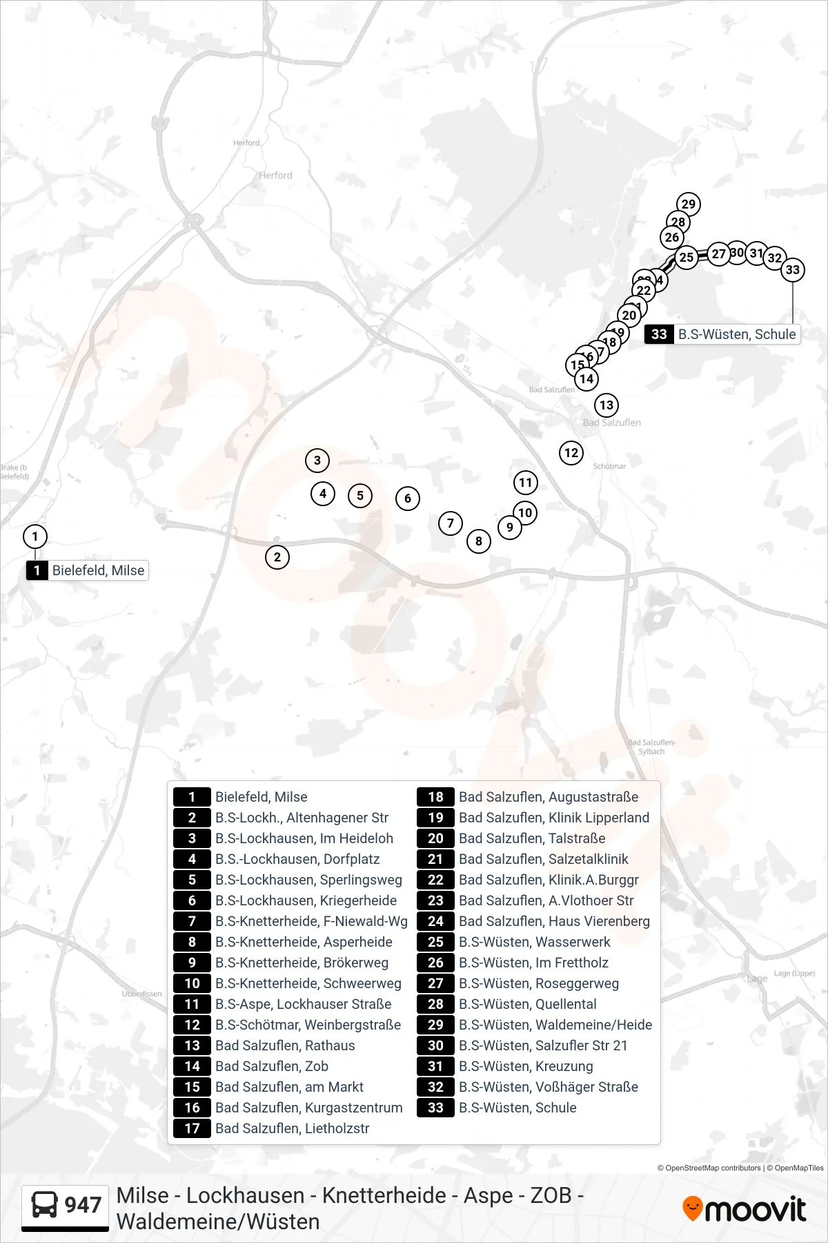 947 bus Line (Wüsten) route and stops on a map