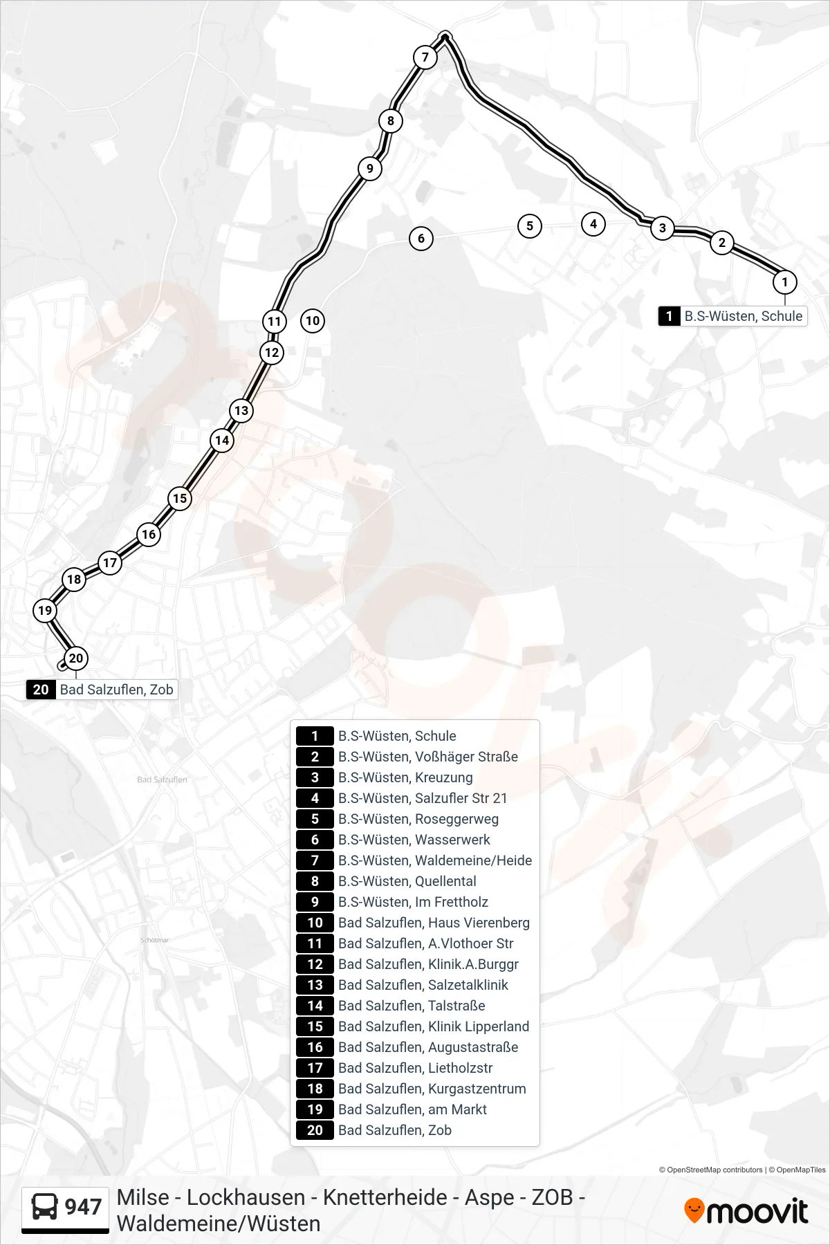 947 bus Line (Z O B) route and stops on a map