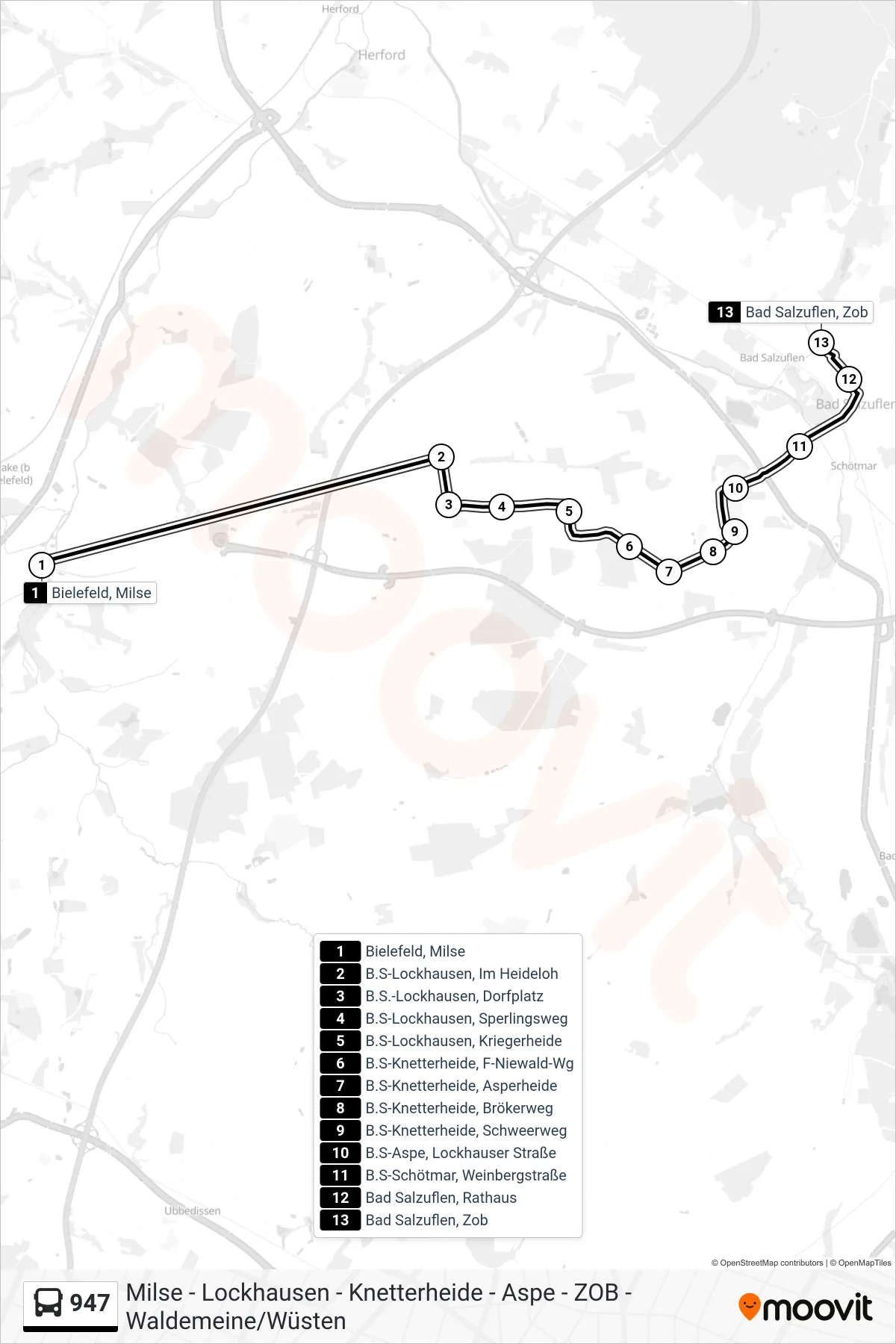 947 bus Line (Bad Salzuflen) route and stops on a map