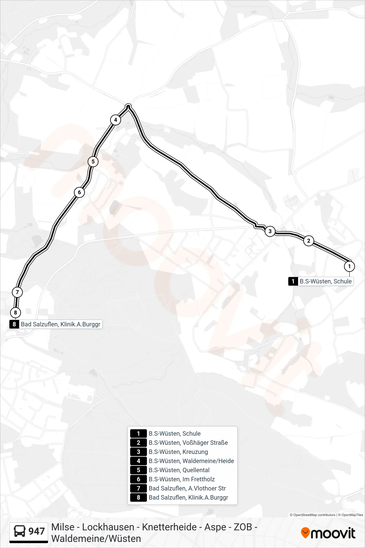 947 bus Line (Bad Salzuflen) route and stops on a map