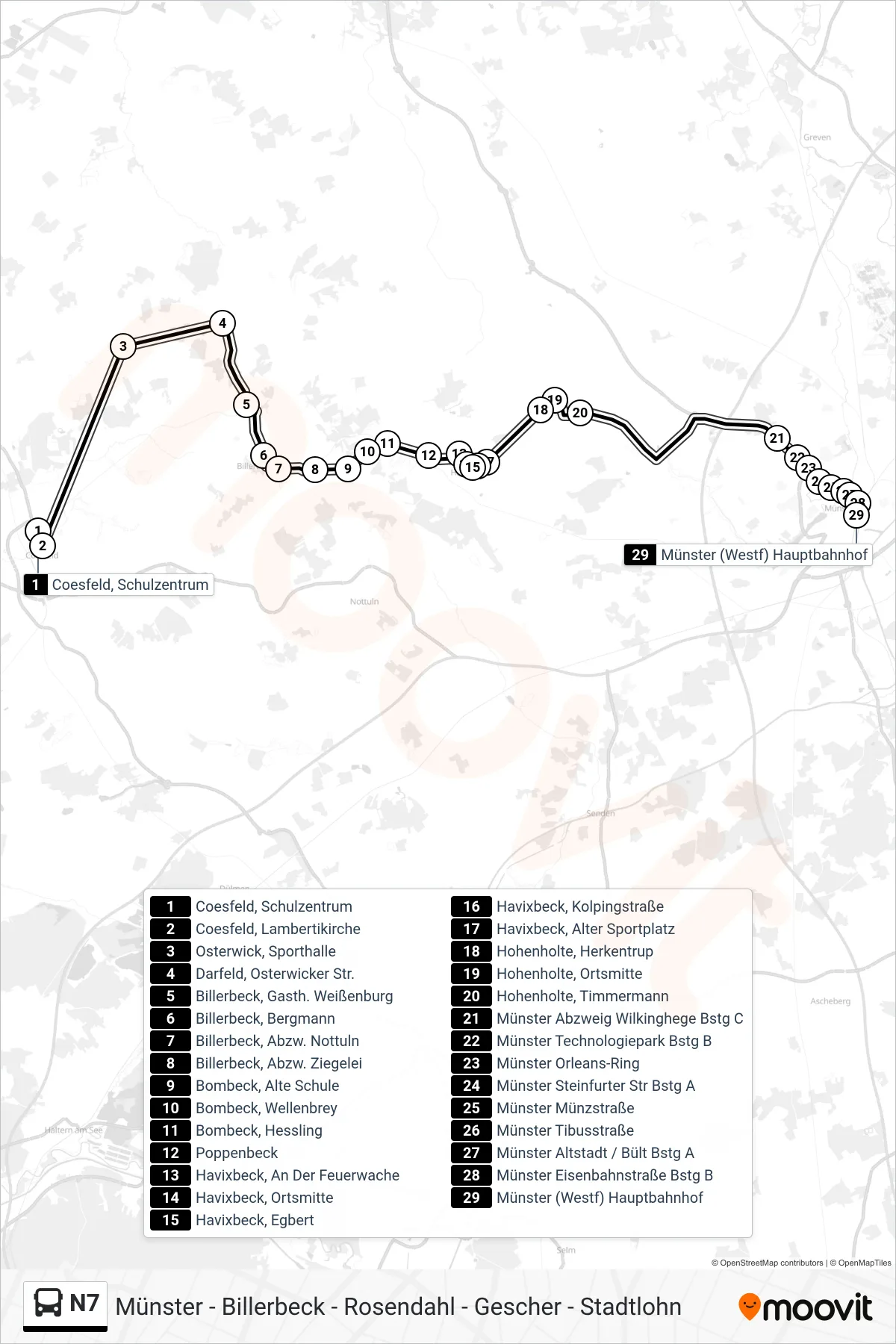 Linie N7 (Bus) Richtung Münster (Westf)  Hauptbahnhof Bstg D2: Route und Haltestellen auf der Karte