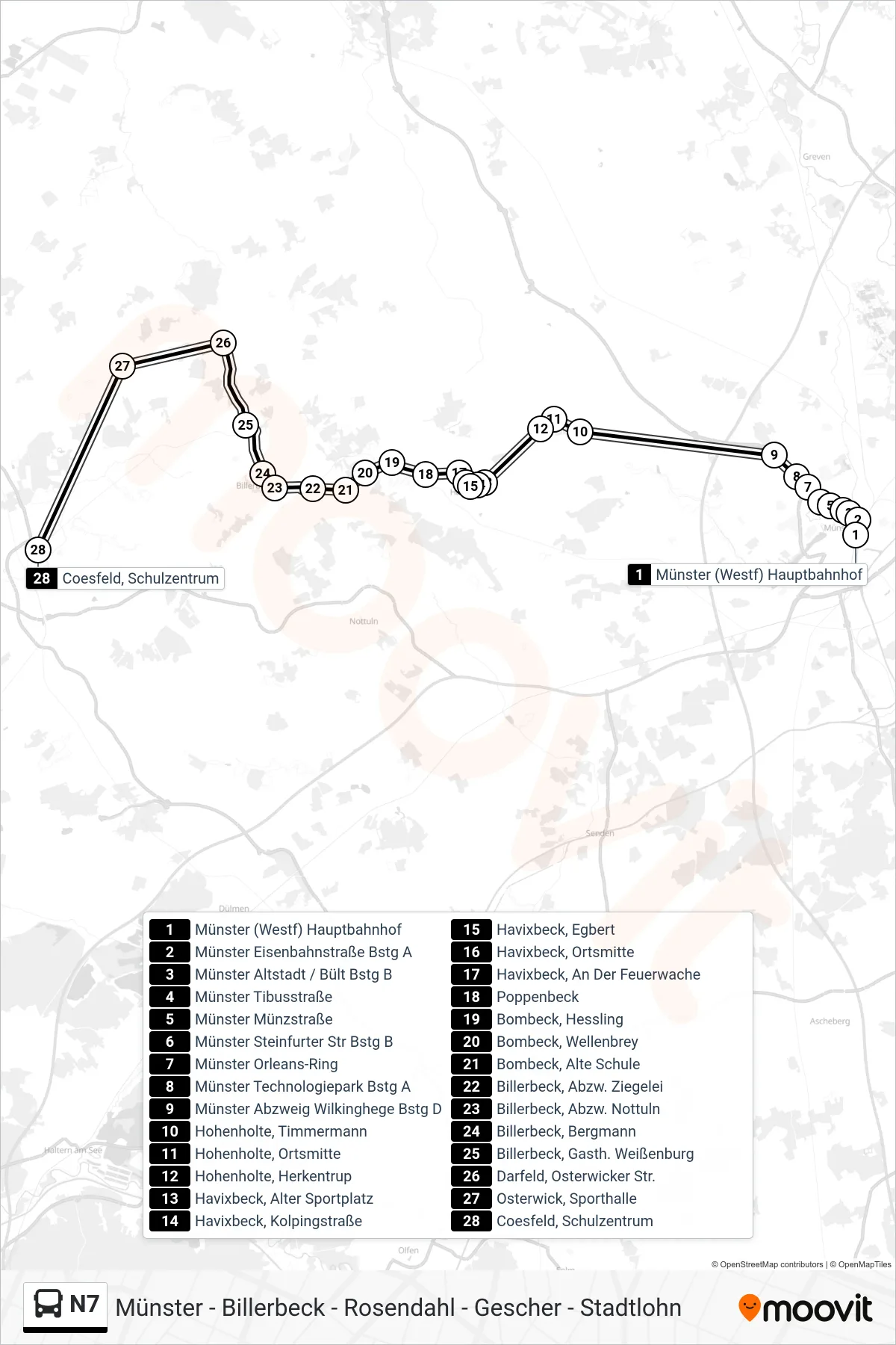 N7 bus Line (Coesfeld, Schulzentrum) route and stops on a map