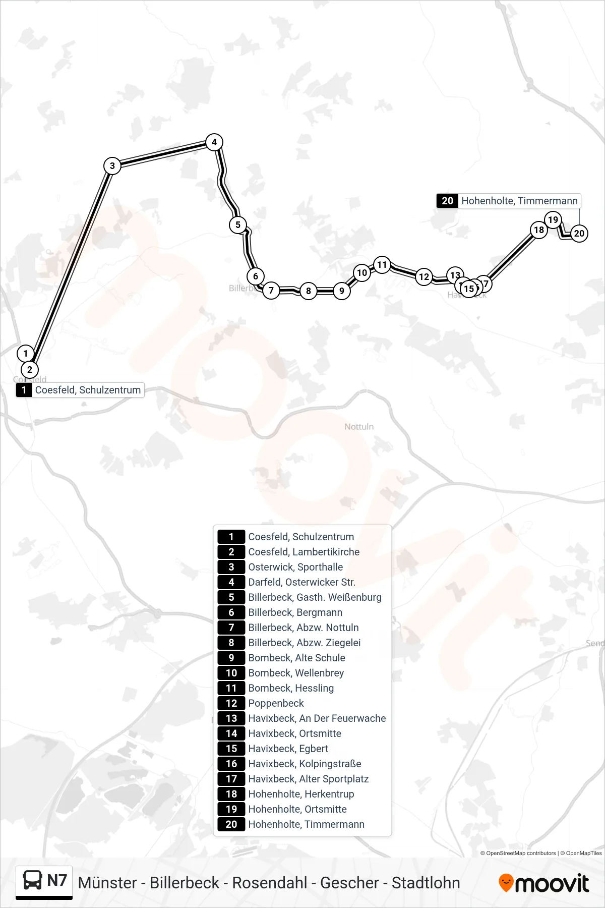 N7 bus Line (Hohenholte, Timmermann) route and stops on a map