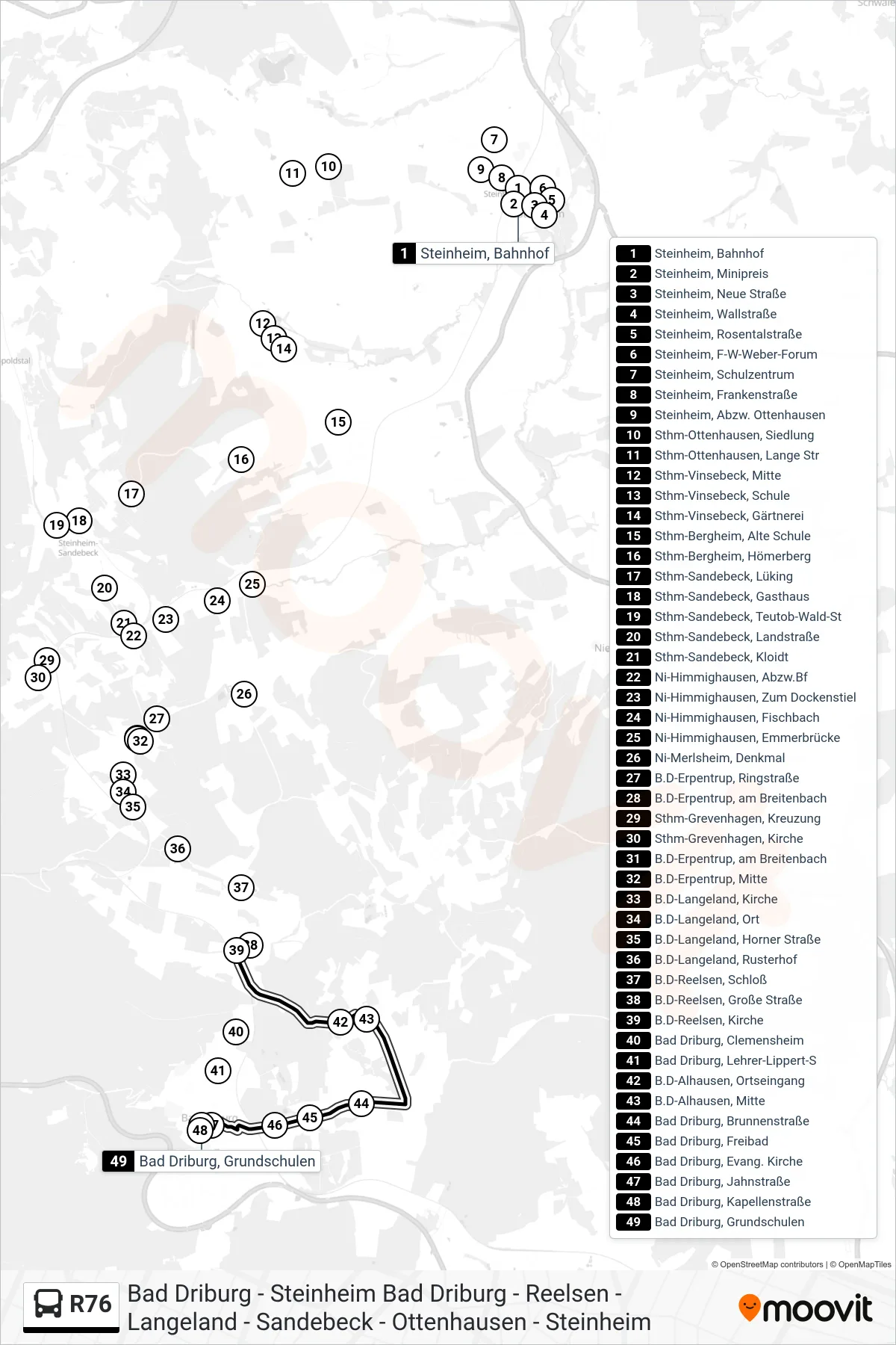 R76 bus Line (Bad Driburg, Grundschulen) route and stops on a map