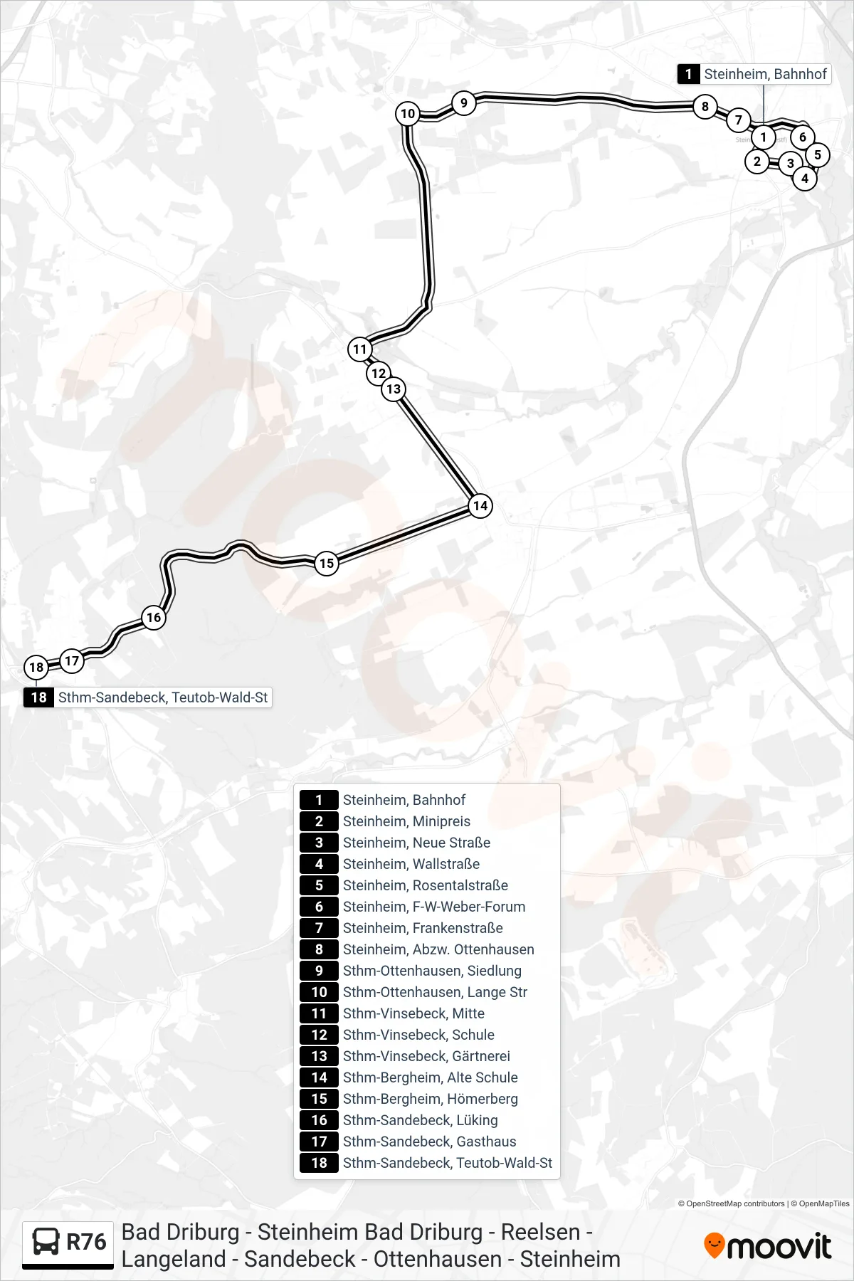 R76 bus Line (Sthm-Sandebeck, Teutob-Wald-St) route and stops on a map