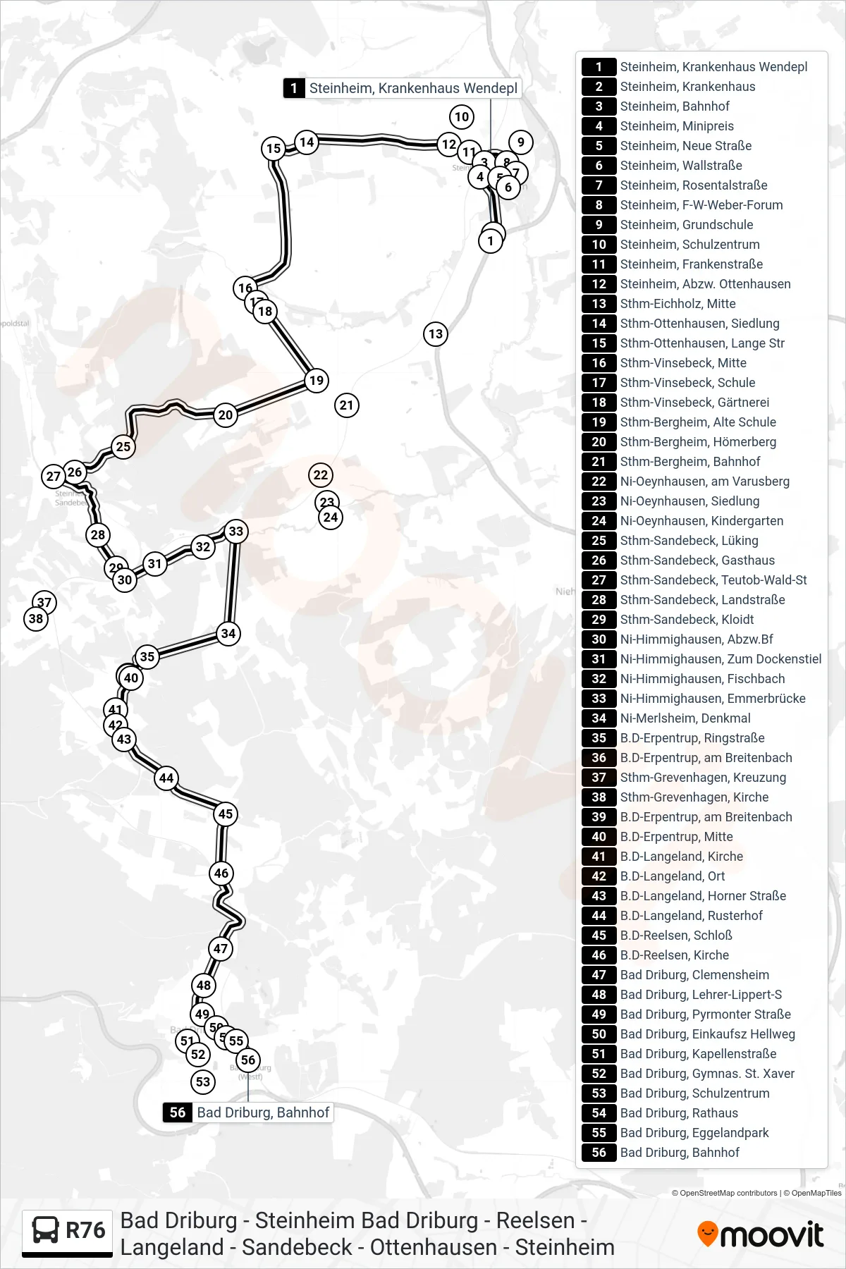 R76 bus Line (Bad Driburg, Bahnhof) route and stops on a map