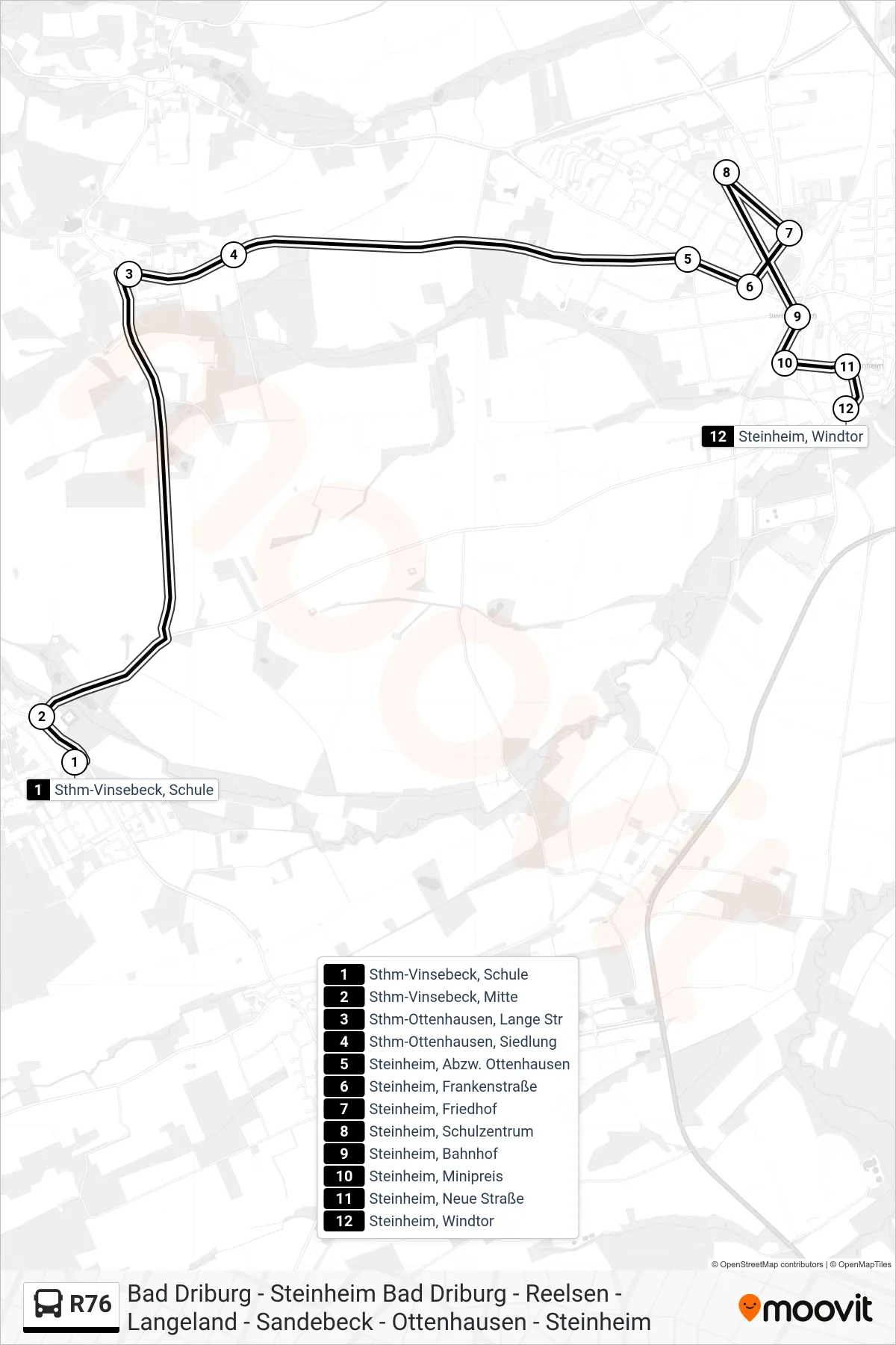 Linie R76 (Bus) Richtung Steinheim, Windtor: Route und Haltestellen auf der Karte