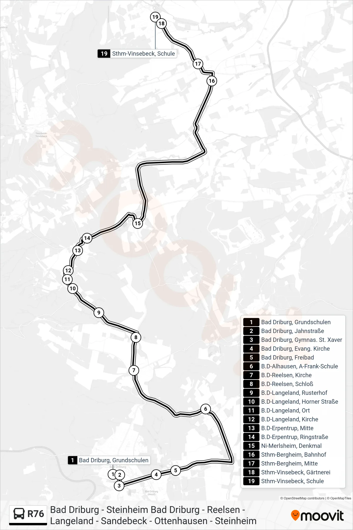 R76 bus Line (Sthm-Vinsebeck, Schule) route and stops on a map