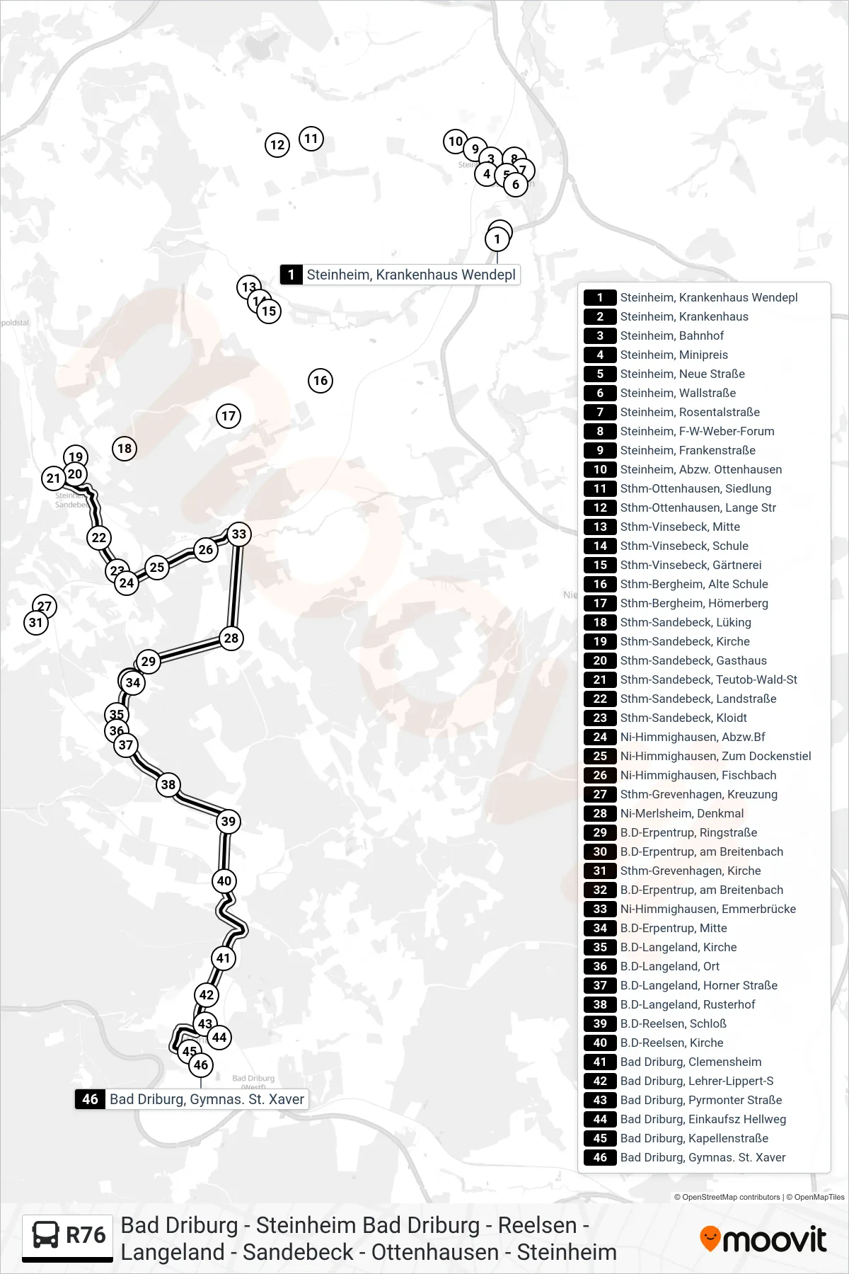 R76 bus Line (Bad Driburg, Gymnas. St. Xaver) route and stops on a map
