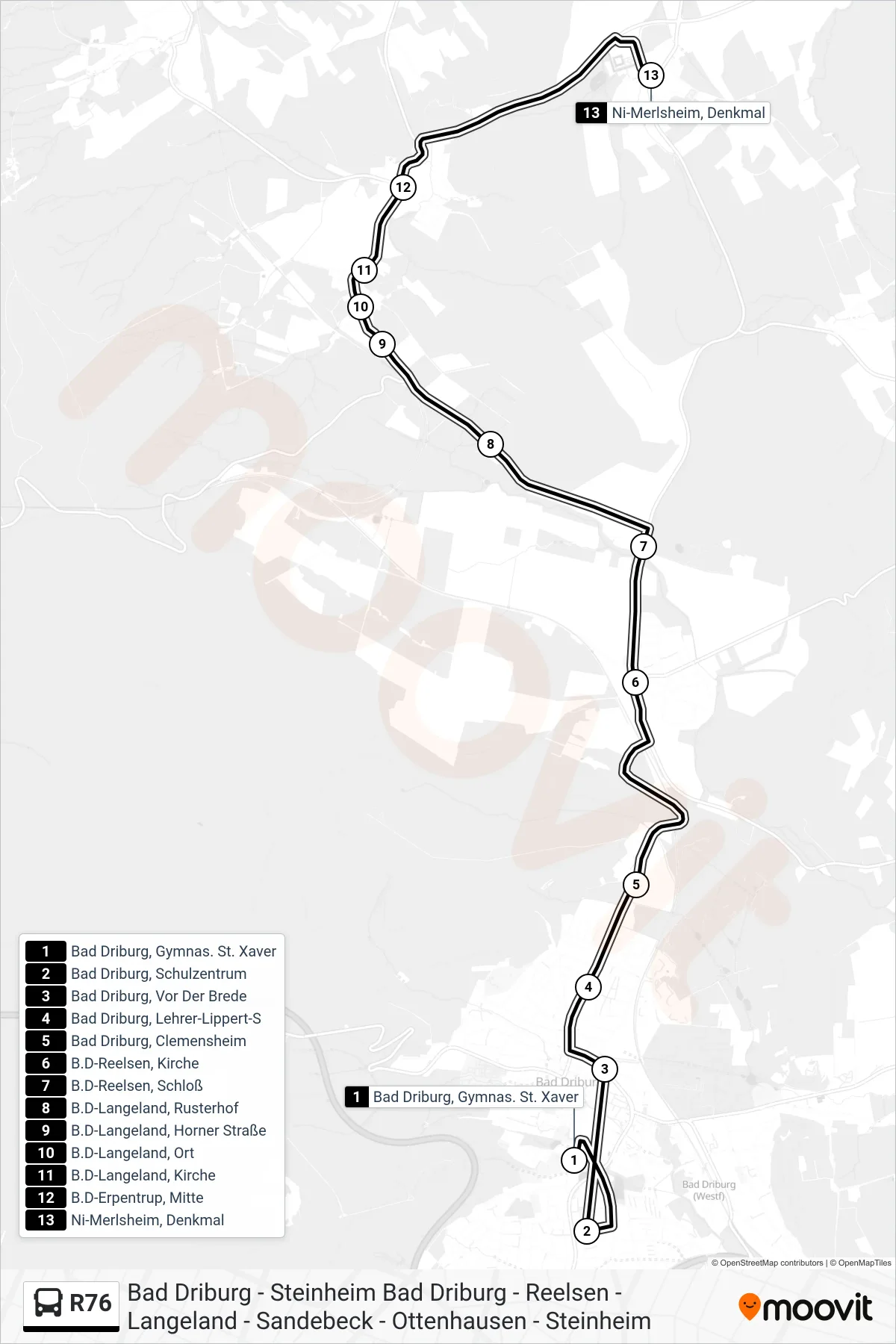 Linie R76 (Bus) Richtung Ni-Merlsheim, Denkmal: Route und Haltestellen auf der Karte