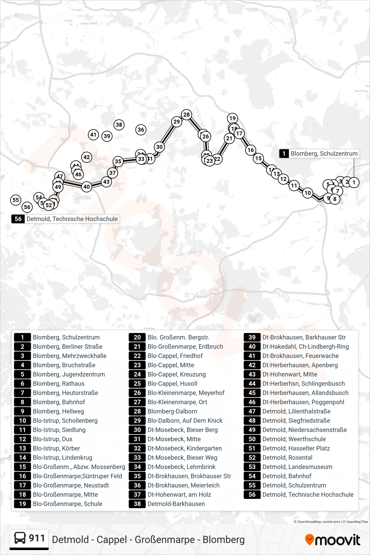 911 bus Line (Detmold) route and stops on a map