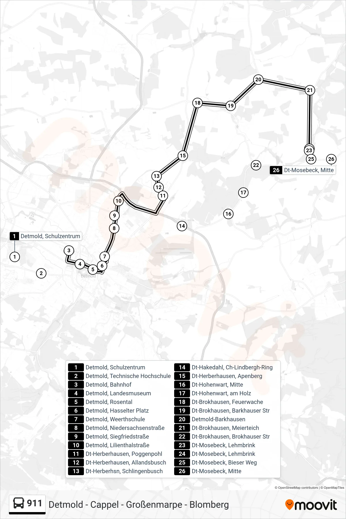 911 bus Line (Mosebeck) route and stops on a map