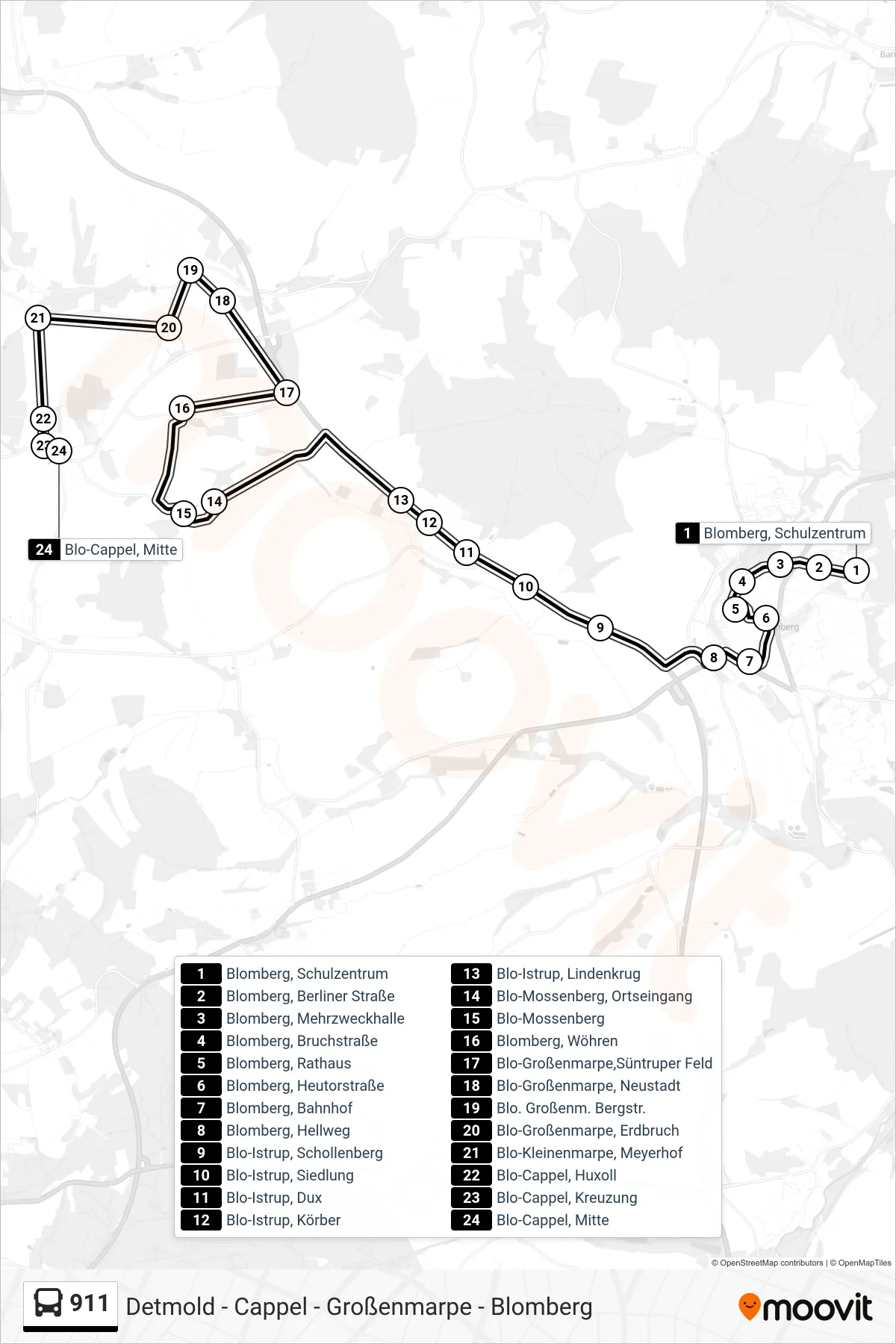 911 bus Line (Cappel) route and stops on a map