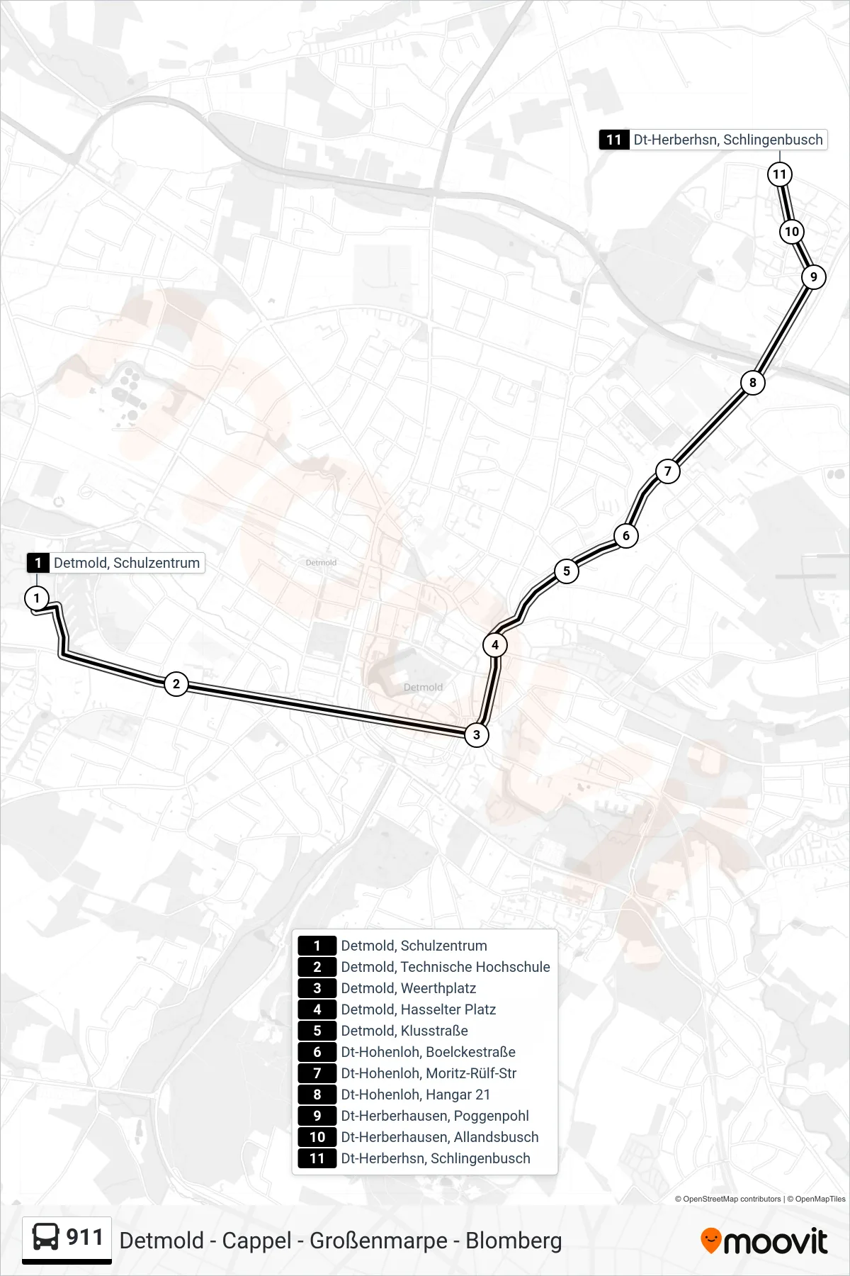 911 bus Line (Herberhausen) route and stops on a map