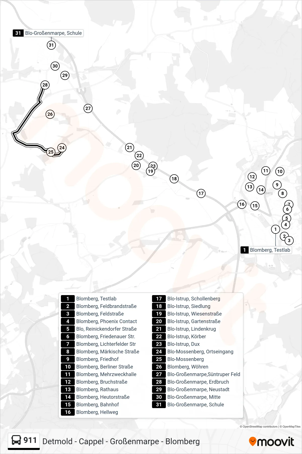 911 bus Line (Großenmarpe) route and stops on a map