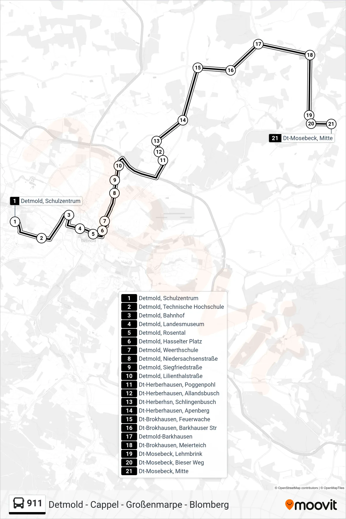 911 bus Line (Dt-Mosebeck, Mitte) route and stops on a map