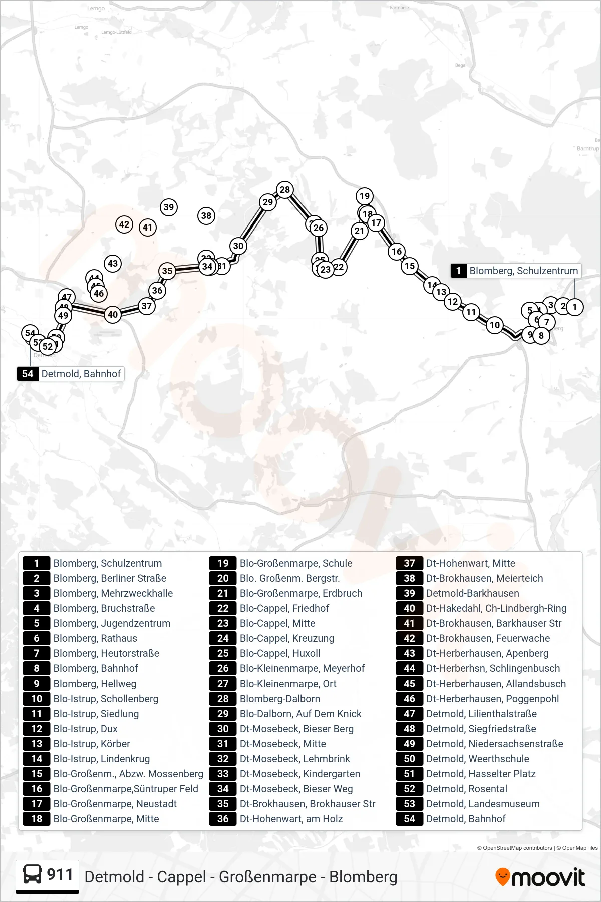 911 bus Line (Detmold, Bahnhof Steig 5) route and stops on a map