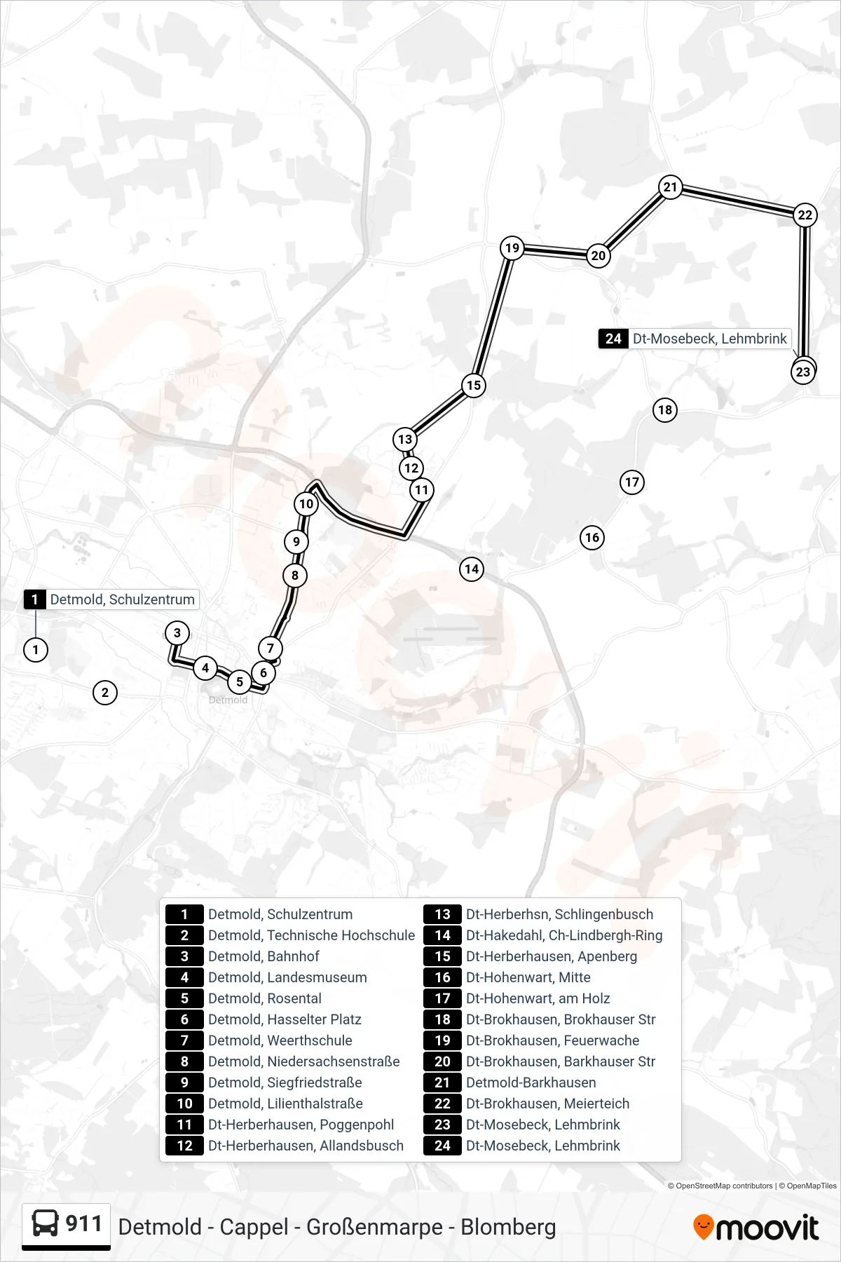 911 bus Line (Dt-Mosebeck, Lehmbrink) route and stops on a map