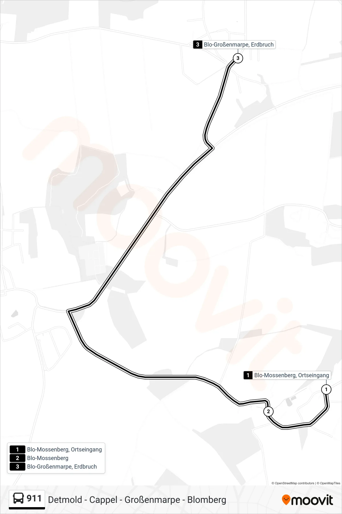 911 bus Line (Blo-Großenmarpe, Erdbruch) route and stops on a map