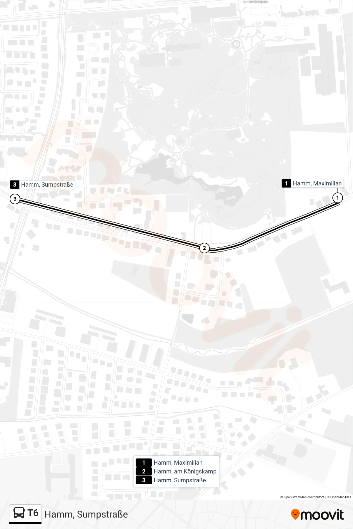 T6 bus Line (Hamm, Sumpstraße) route and stops on a map