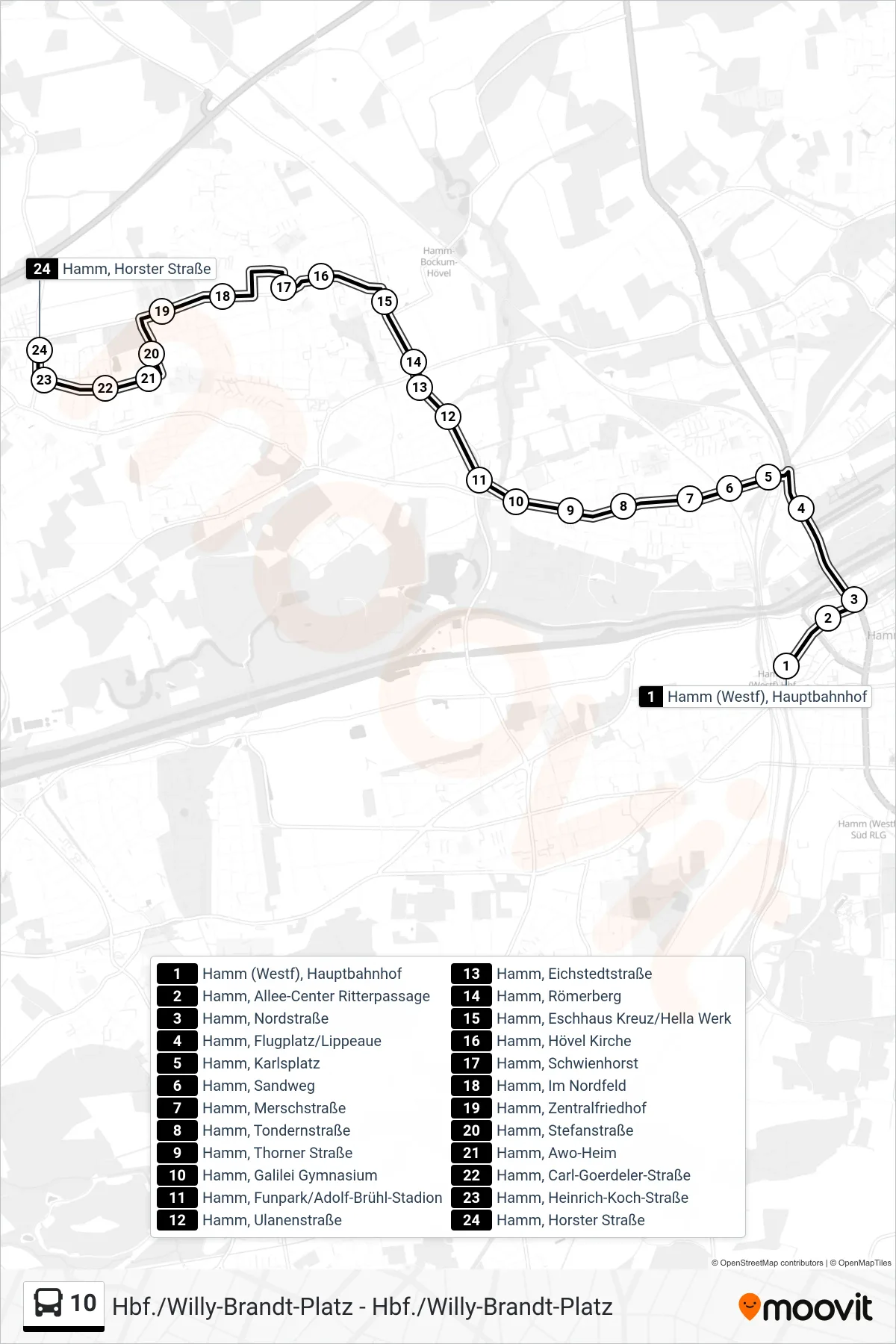 10 bus Line (Hamm, Horster Straße) route and stops on a map