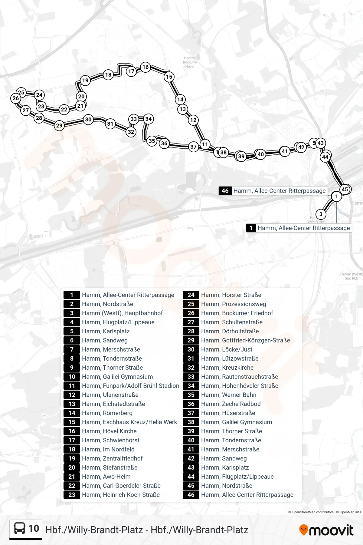 Linie 10 (Bus) Richtung Hamm (Westf), Hauptbahnhof: Route und Haltestellen auf der Karte