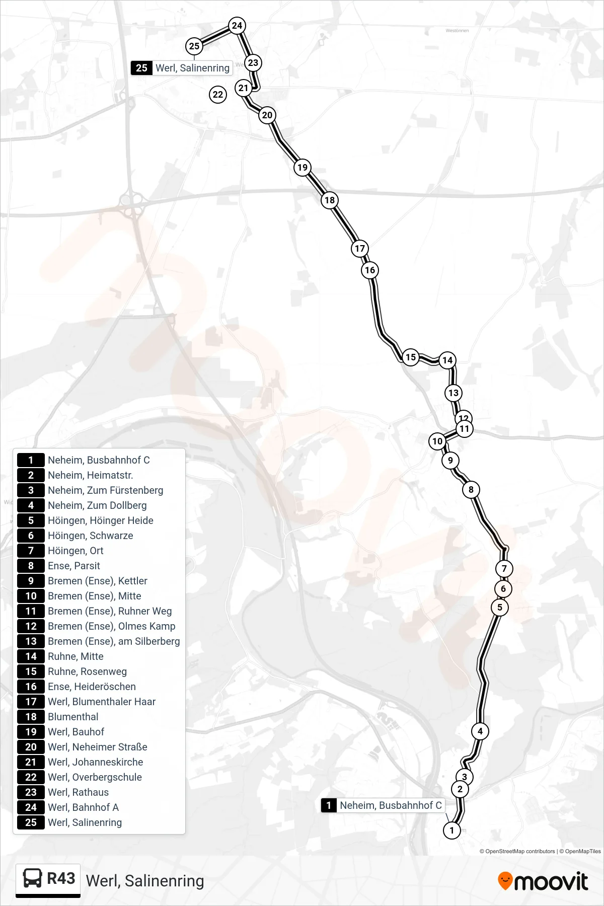 R43 bus Line (Werl, Salinenring) route and stops on a map