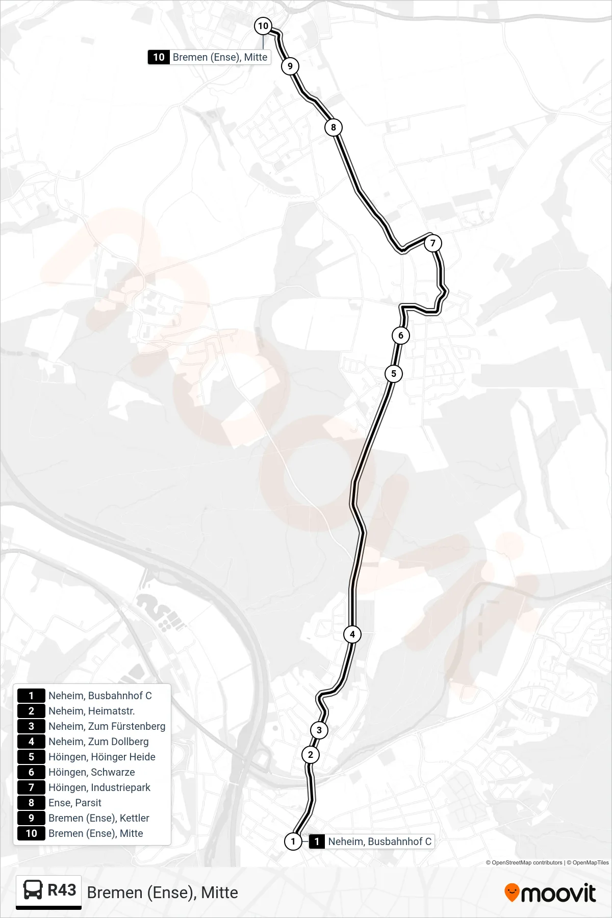 R43 bus Line (Bremen (Ense), Mitte) route and stops on a map