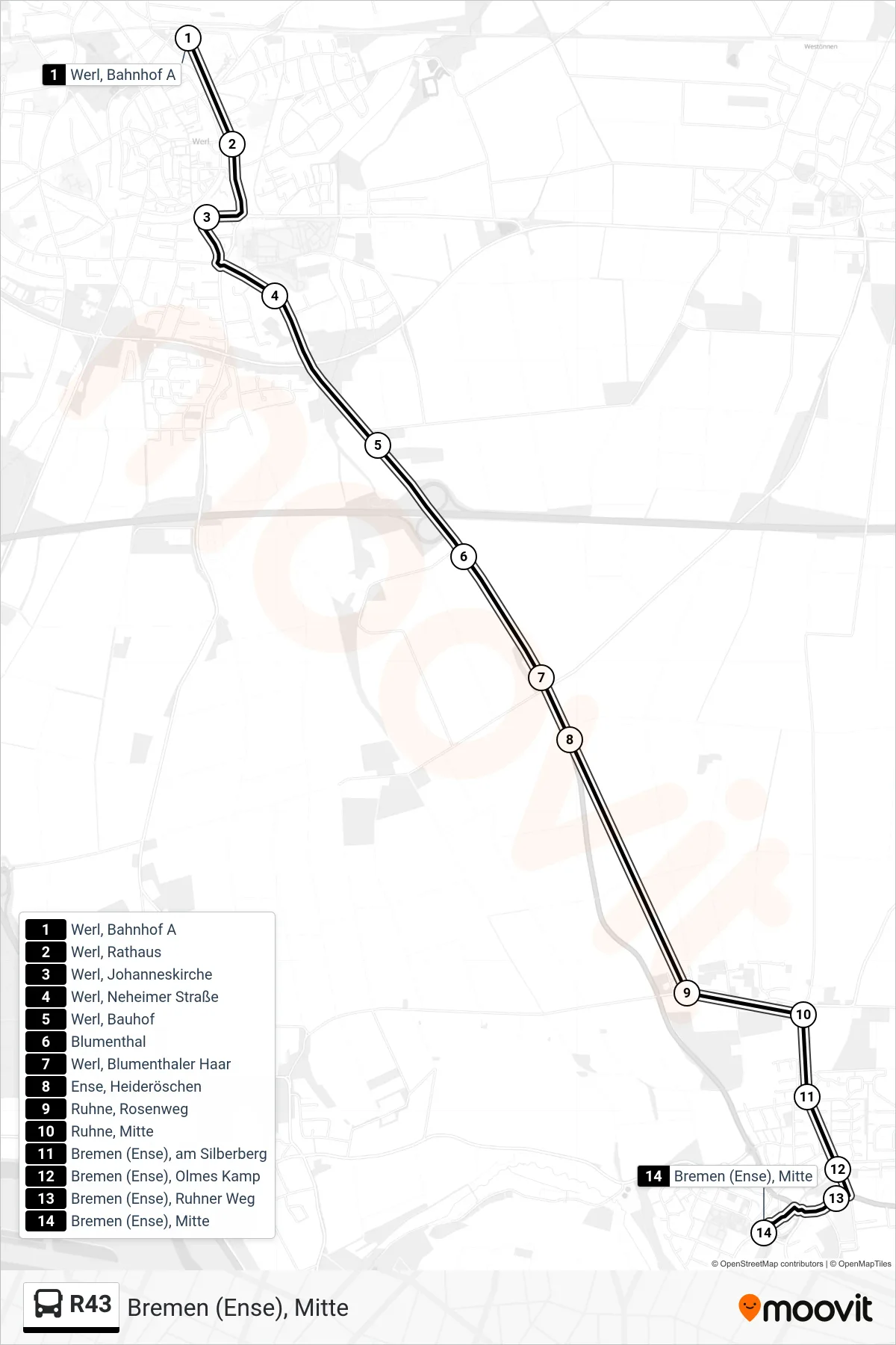 R43 bus Line (Bremen (Ense), Mitte) route and stops on a map